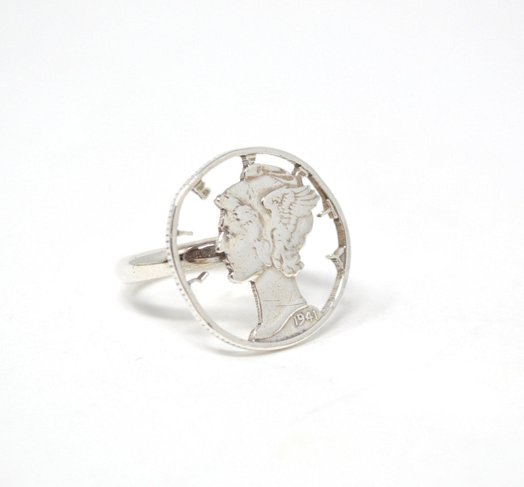 Antique 1941 Mercury Dime Sterling Silver Cutout Ring - Size 4.5 - Coin Jewelry | Jewelry > Rings | Wiccan Center