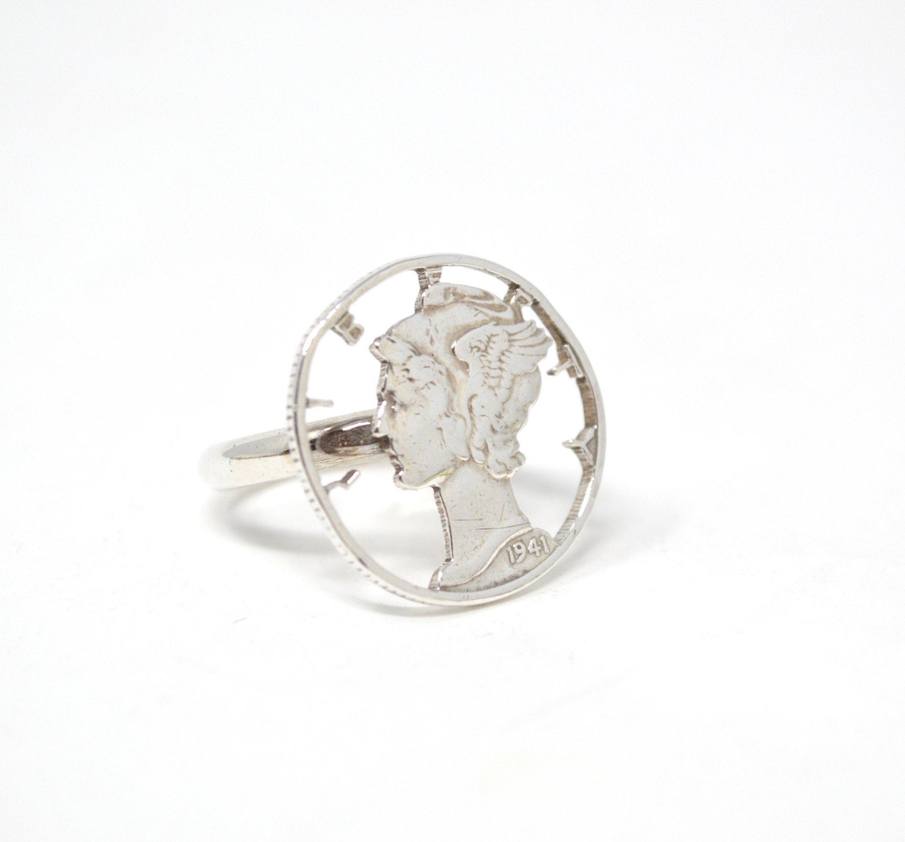 Antique 1941 Mercury Dime Sterling Silver Cutout Ring - Size 4.5 - Coin Jewelry | Jewelry > Rings | Wiccan Center
