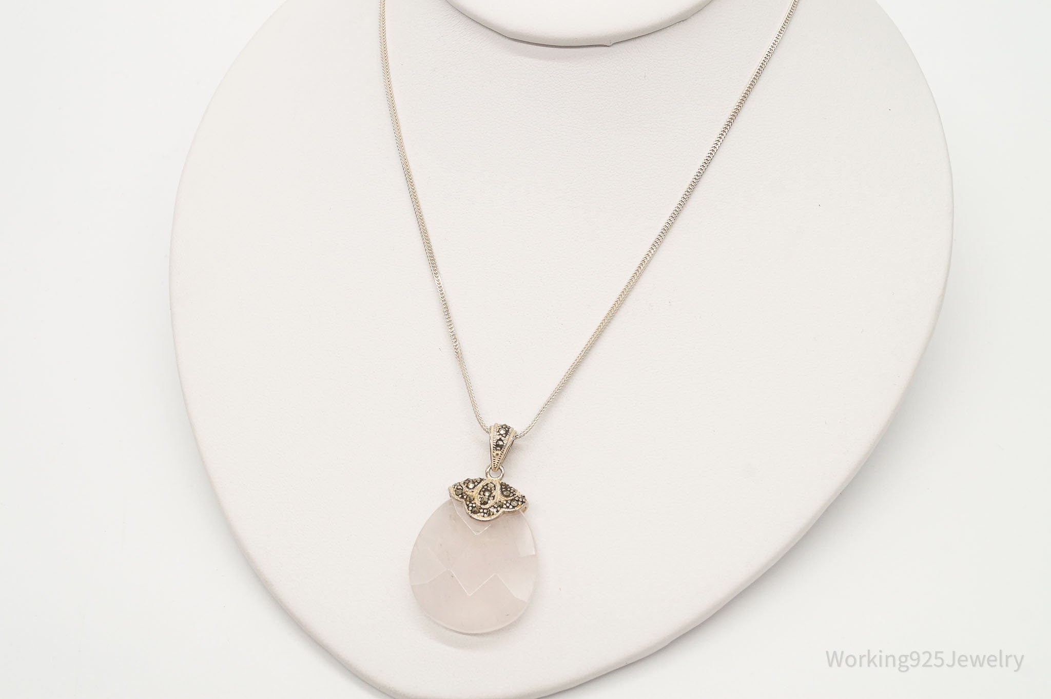 Vintage Large Rose Quartz Marcasite Sterling Silver Necklace | Jewelry > Necklaces > Pendants | Wiccan Center