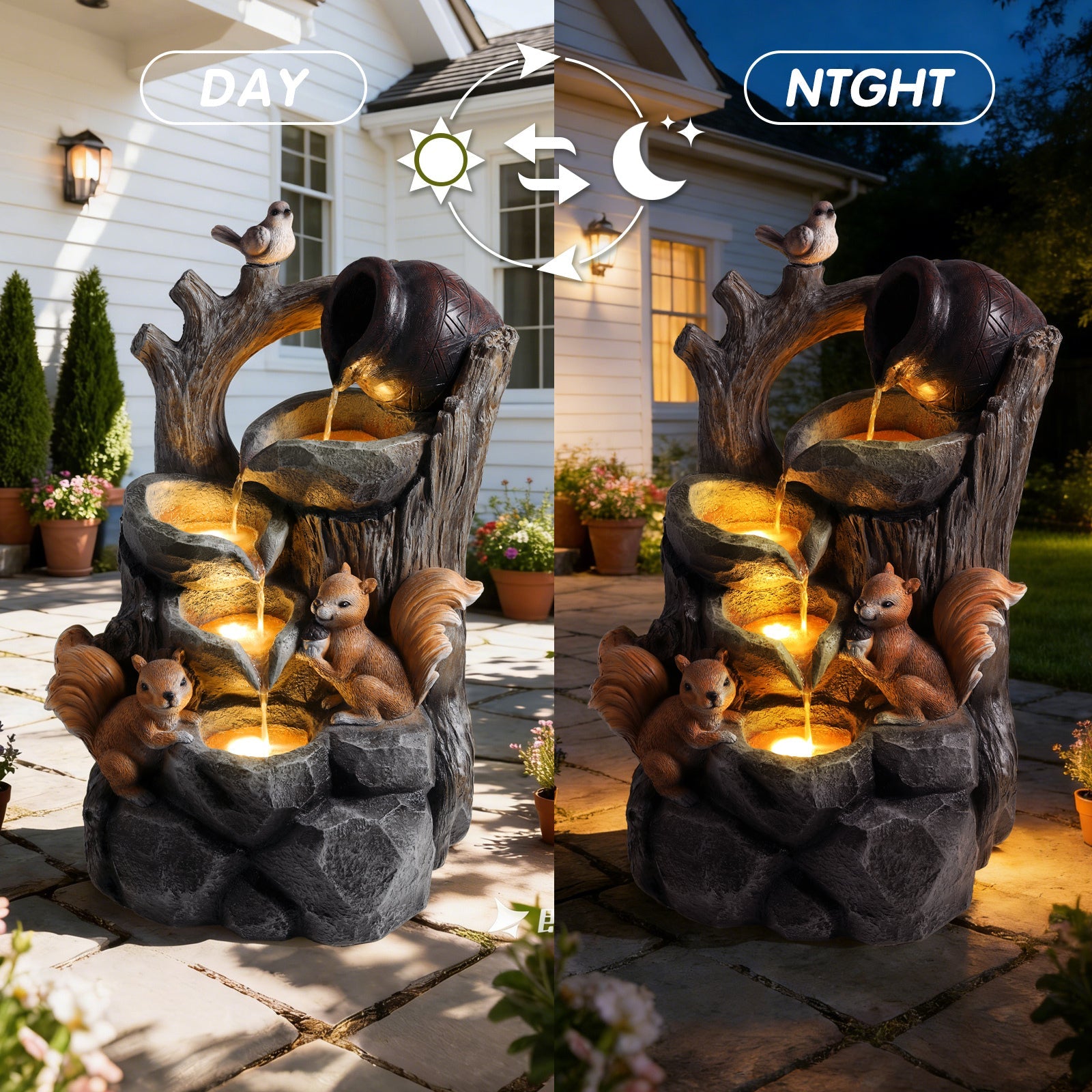 Resin Squirrel Tree Stump Outdoor Fountain 30 Inch LED