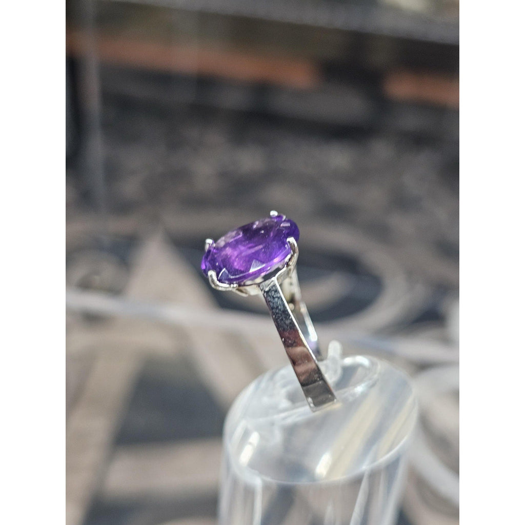 Womens 14K White Gold Platinum Finish Size 6 Ring Amethyst & Diamonds