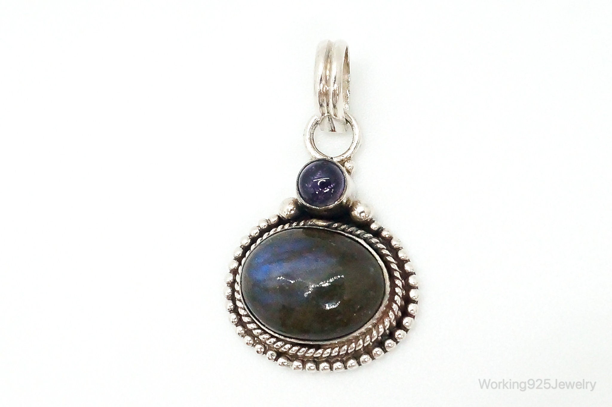 Vintage Large Labradorite Amethyst Sterling Silver Necklace Pendant | Jewelry > Necklaces > Pendants | Wiccan Center