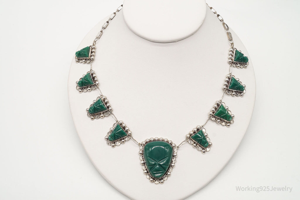 Vintage Mexico Green Onyx Carved Masks Sterling Silver Necklace | Jewelry > Necklaces > Pendants | Wiccan Center