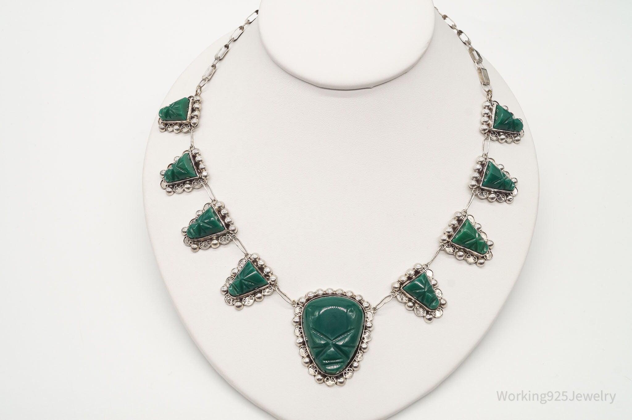 Vintage Mexico Green Onyx Carved Masks Sterling Silver Necklace | Jewelry > Necklaces > Pendants | Wiccan Center