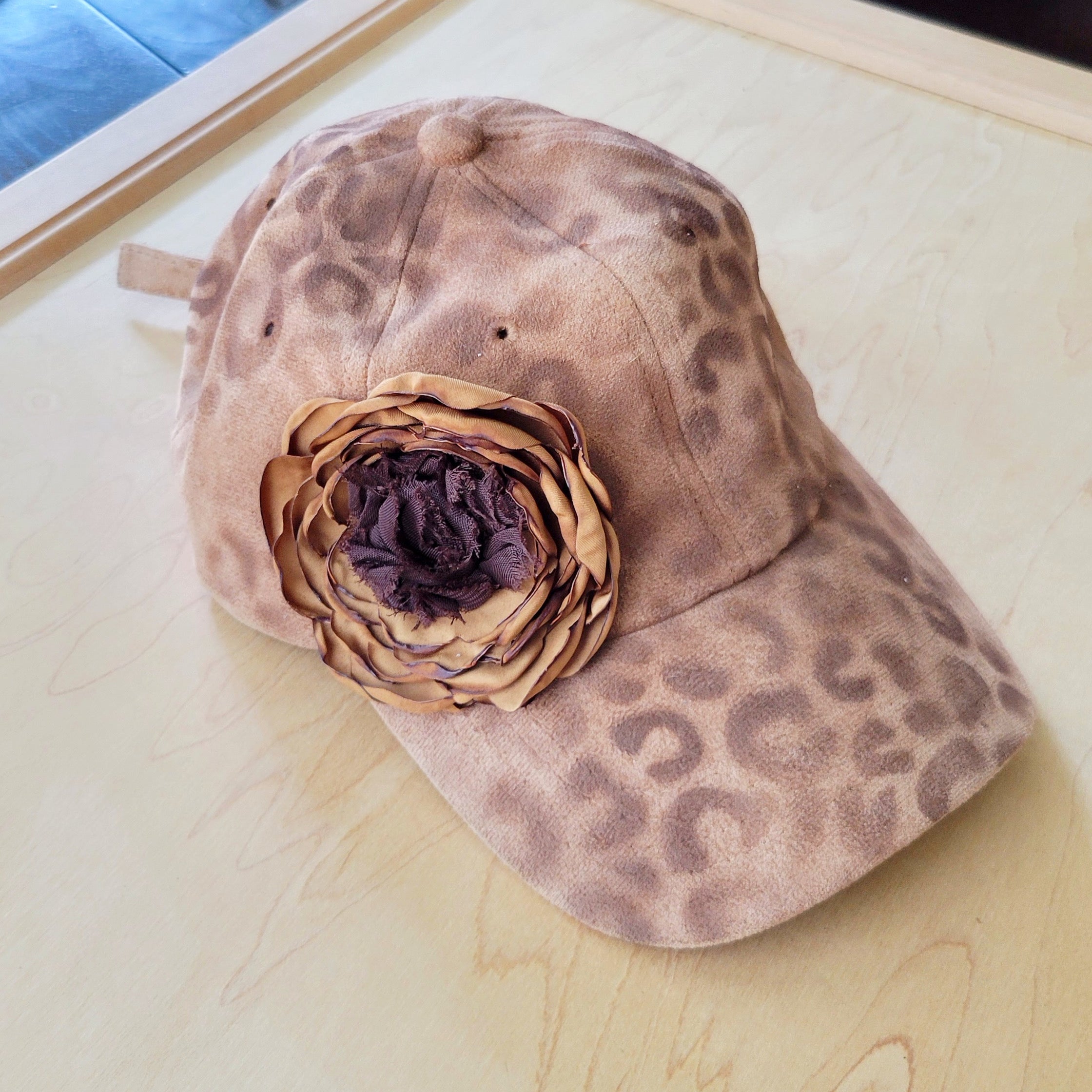Hand-Painted Leopard Suede Baseball Cap w/ Flowers Tan 986L | Hat | Wiccan Center