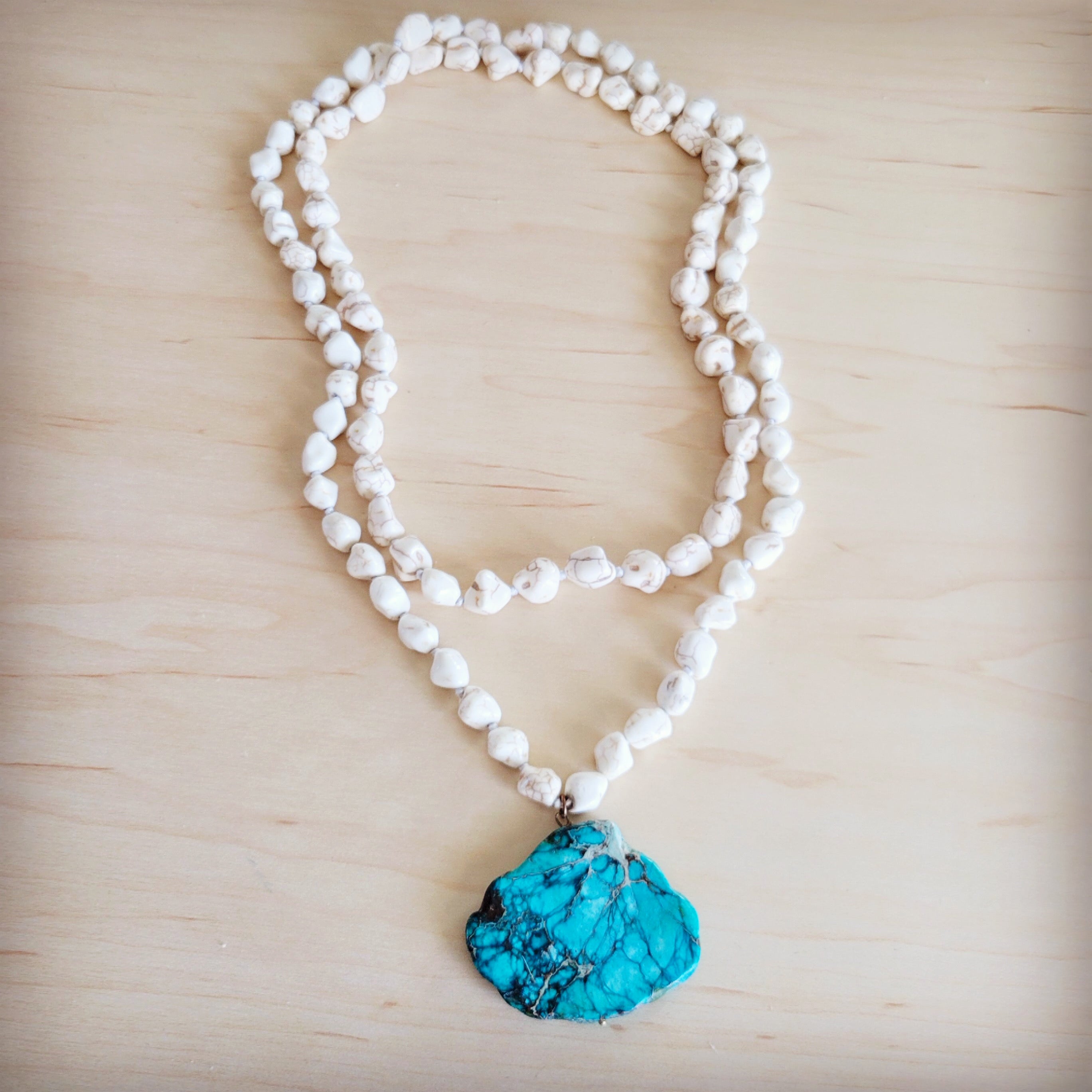 Long White Turquoise Beaded Necklace w/ Genuine Regalite Pendant 263c