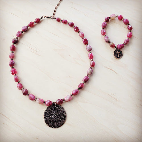 **Natural Pink Jade Beaded Collar Necklace w/ Scroll Pendant 261L | Necklace | Wiccan Center