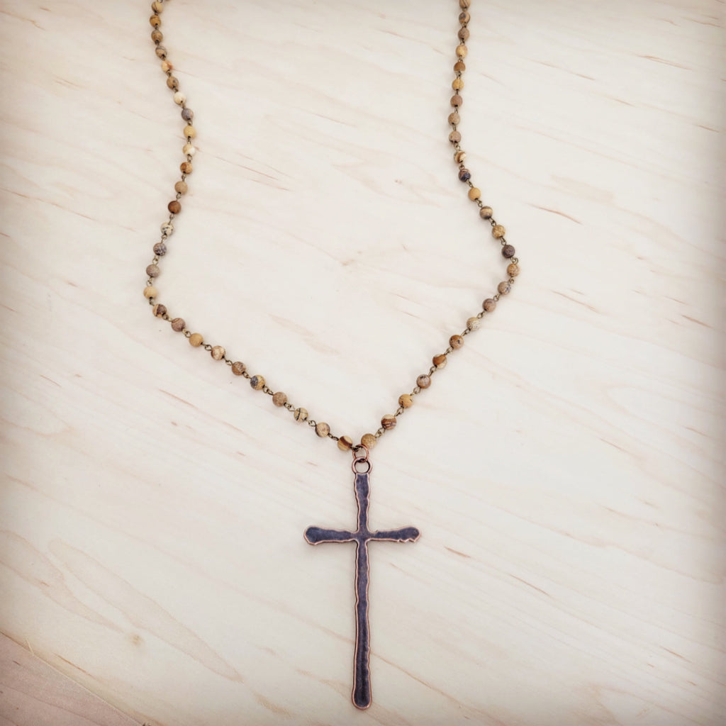 Genuine Picture Jasper Long Beaded Necklace with Antique Copper Cross 262w | Necklace | Wiccan Center