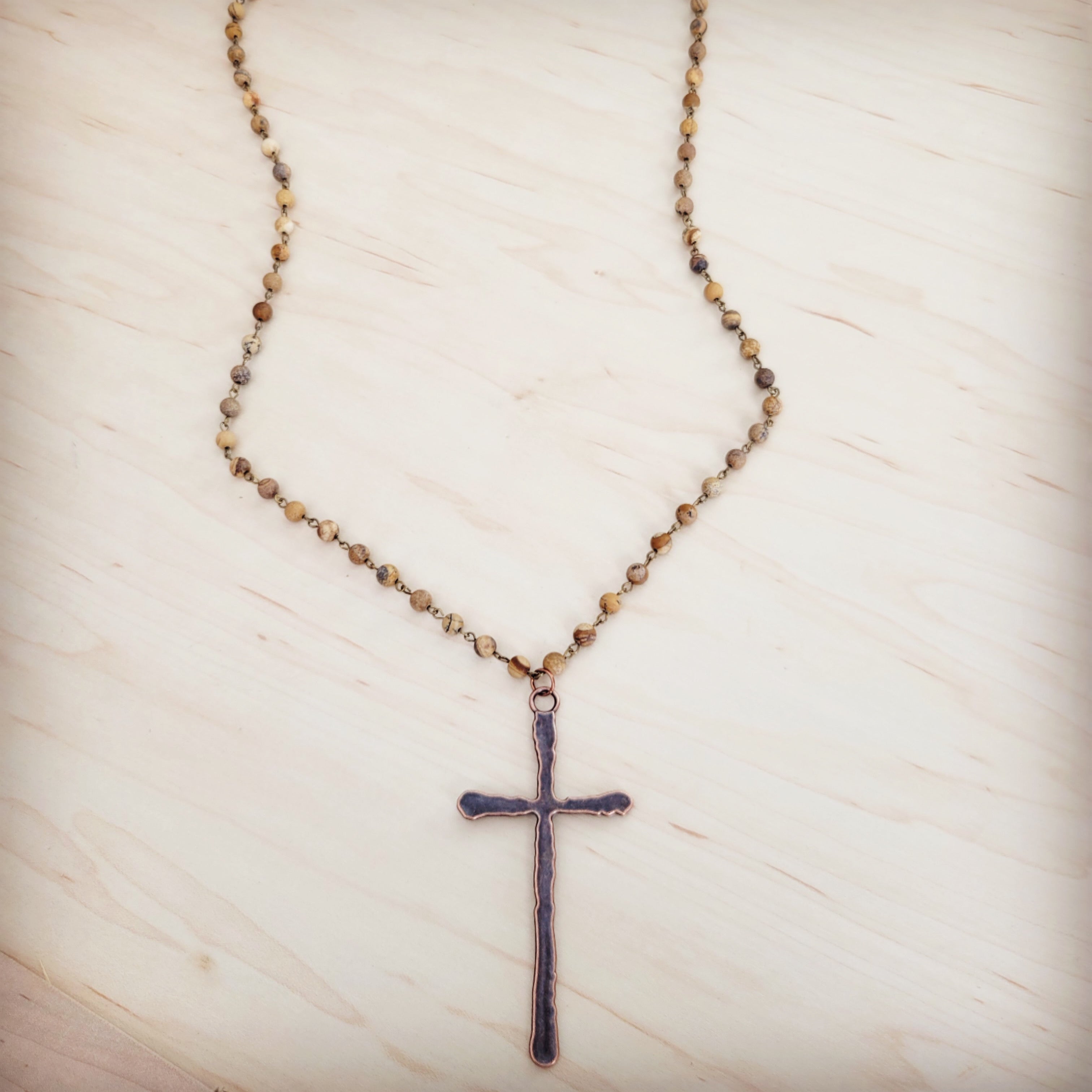 Genuine Picture Jasper Long Beaded Necklace with Antique Copper Cross 262w | Necklace | Wiccan Center
