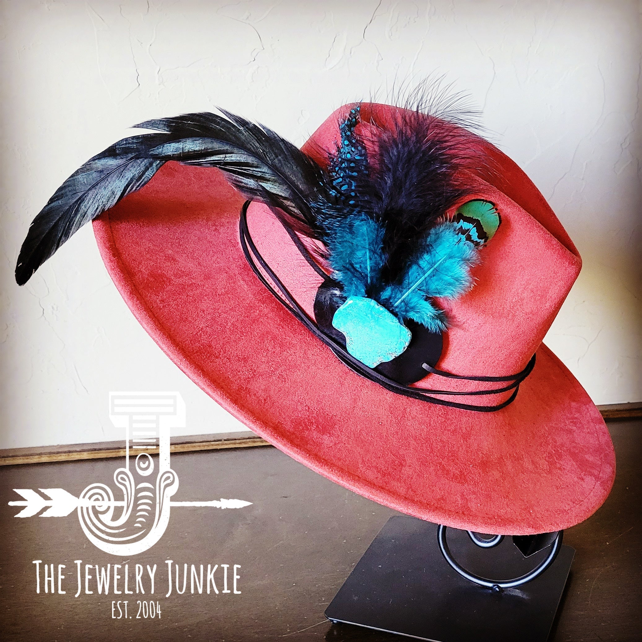 Marabou Blue Spotted Feather & Turquoise Slab Hat Band + Choice of Hat 986a | Hat | Wiccan Center