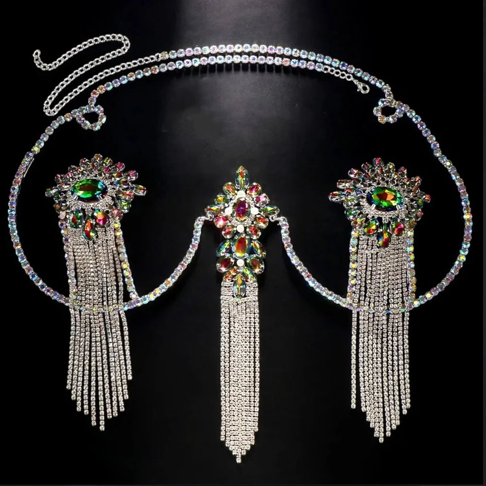 Sexy Tassel Color Crystal Chest Chain Crystal Drop Women Bikini Accessories Sparkling Rhinestone Bra Body Chain Beach Charm Lingerie | Body Chains | Wiccan Center