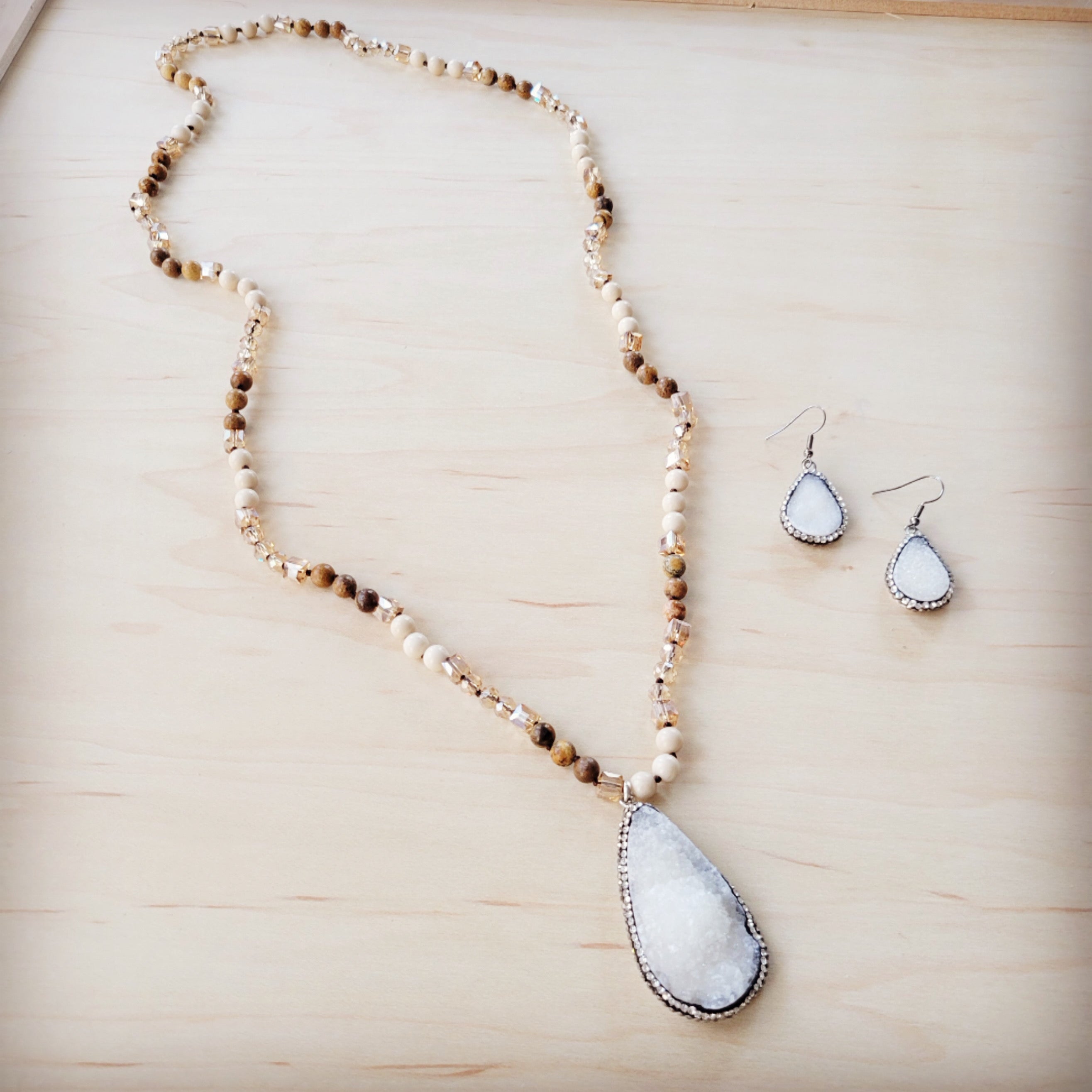 Picture Jasper Beaded Necklace w/ Druzy Pendant 262v