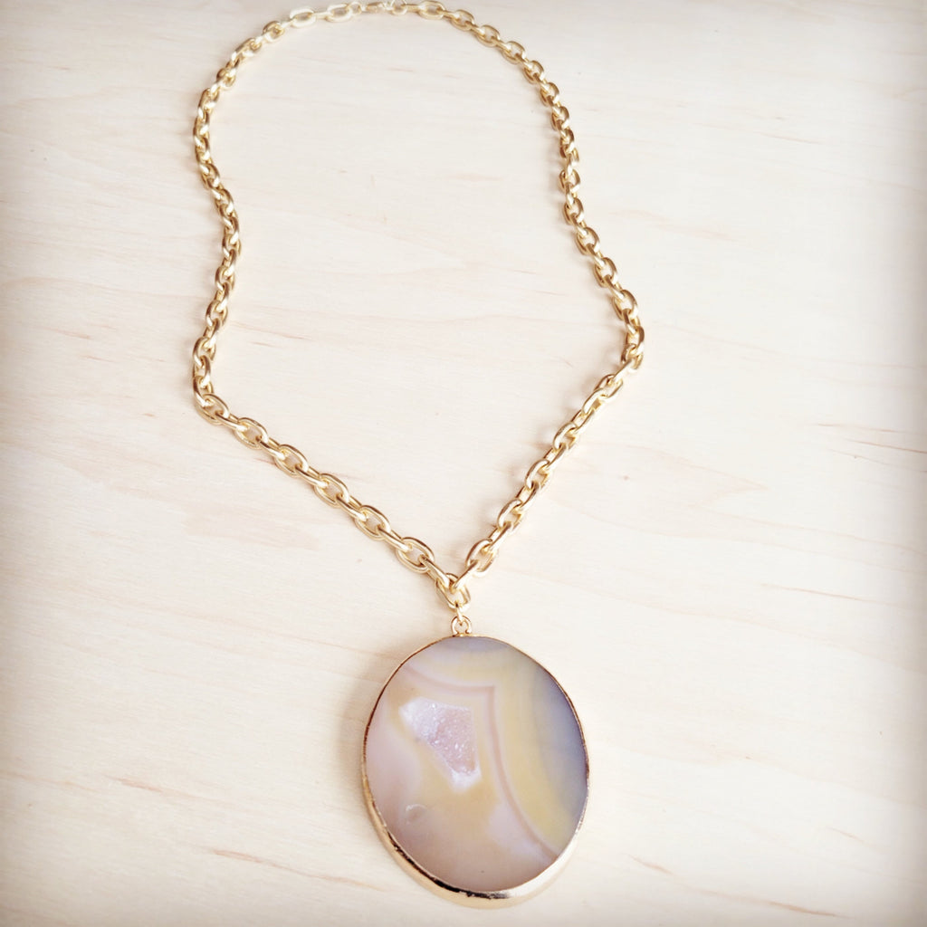 **Matte Gold Gilded Agate Pendant on Gold Chain Necklace 257kj