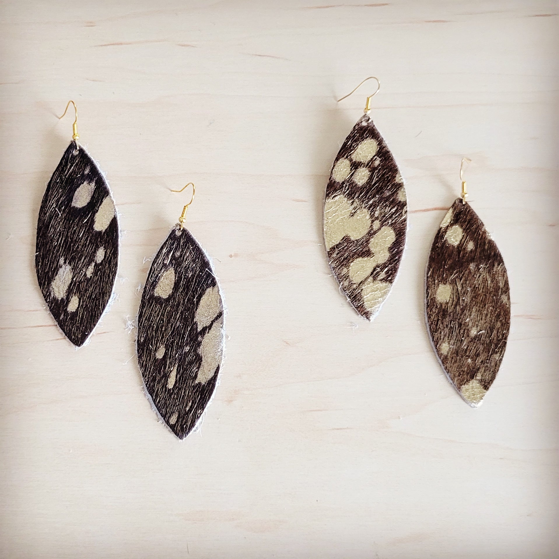 **Narrow Leather Oval Earrings-Mixed Metallic Hair-on-Hide 208x | Earrings | Wiccan Center