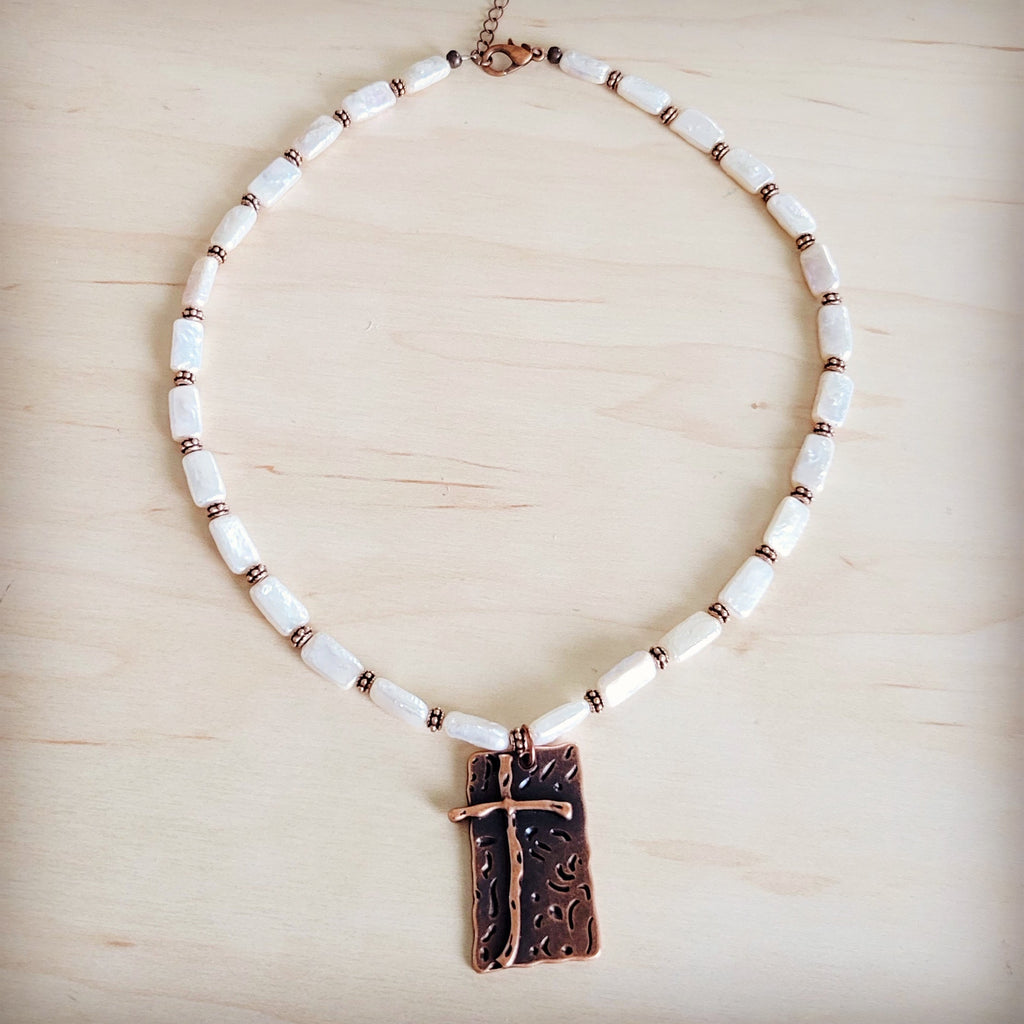 Rectangle Freshwater Pearl & Copper Necklace w/ Antique Cross Pendant 264a | Necklace | Wiccan Center
