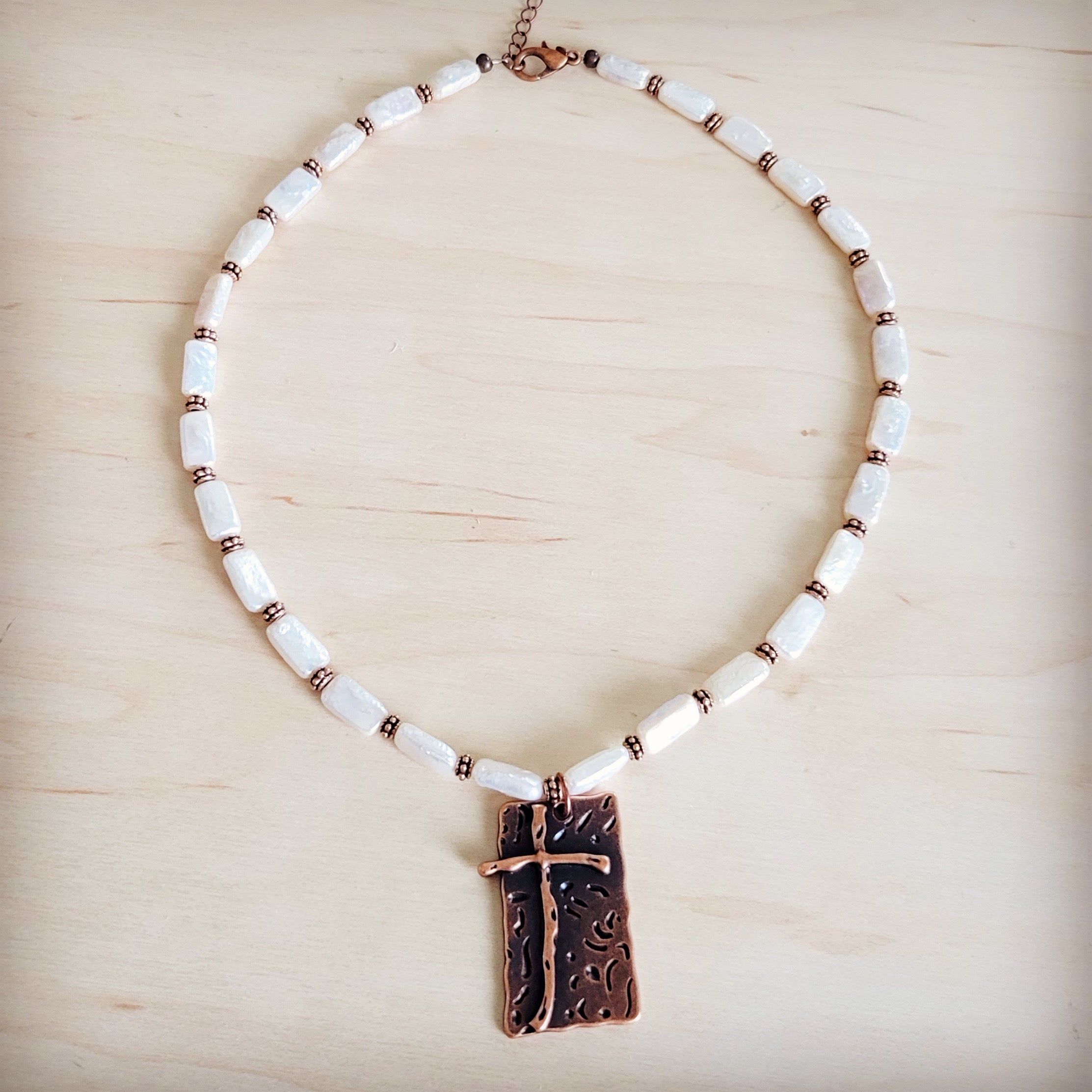 Rectangle Freshwater Pearl & Copper Necklace w/ Antique Cross Pendant 264a | Necklace | Wiccan Center