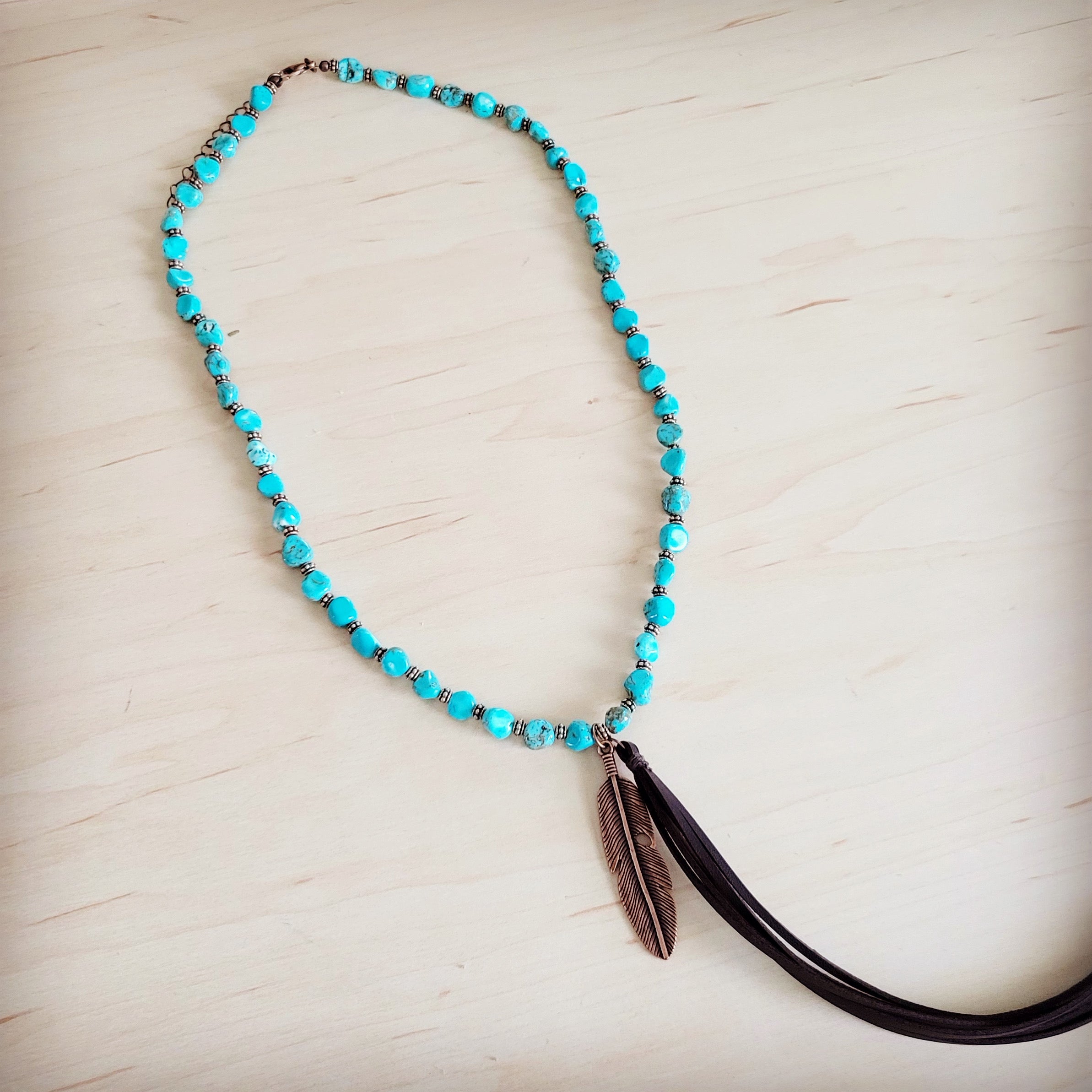 Turquoise & Copper Necklace w/ Feather Tassel Pendant 264c | Necklace | Wiccan Center
