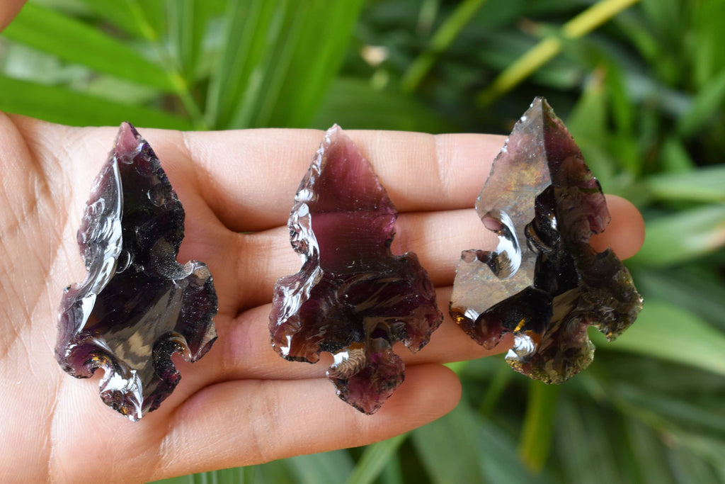 2'' Purple Glass Cross Arrowhead Point, Indian Agate Spearhead Points