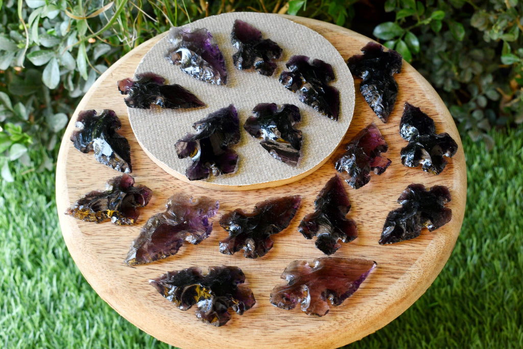 2'' Purple Glass Cross Arrowhead Point, Indian Agate Spearhead Points