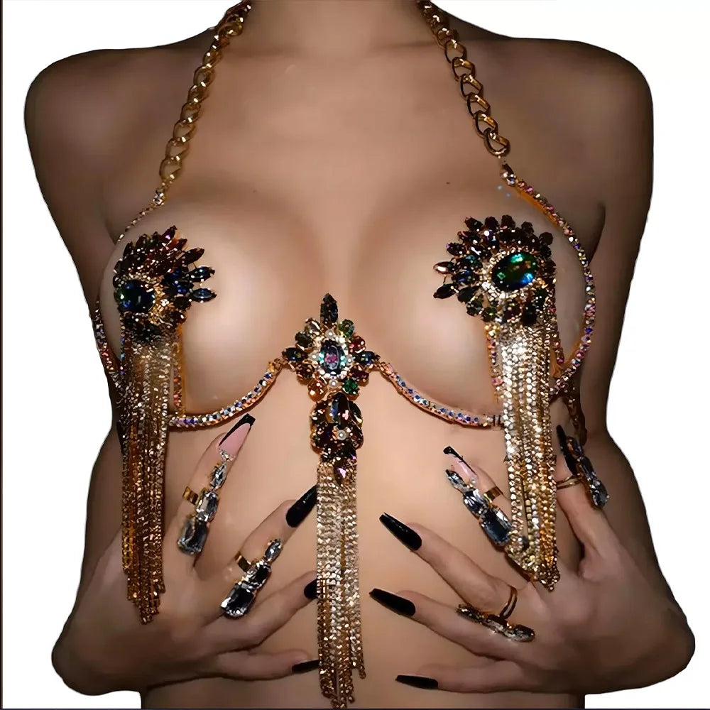 Sexy Tassel Color Crystal Chest Chain Crystal Drop Women Bikini Accessories Sparkling Rhinestone Bra Body Chain Beach Charm Lingerie
