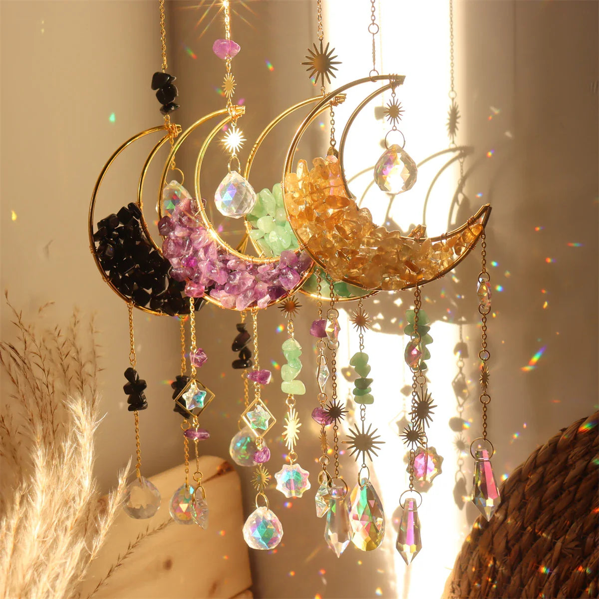 Hourglass Moon Purple Blue Green Pink Crystal Sun Catcher Pendant Decoration, Half Moon Window Hanging Pendant - Home and Garden | | Wiccan Center