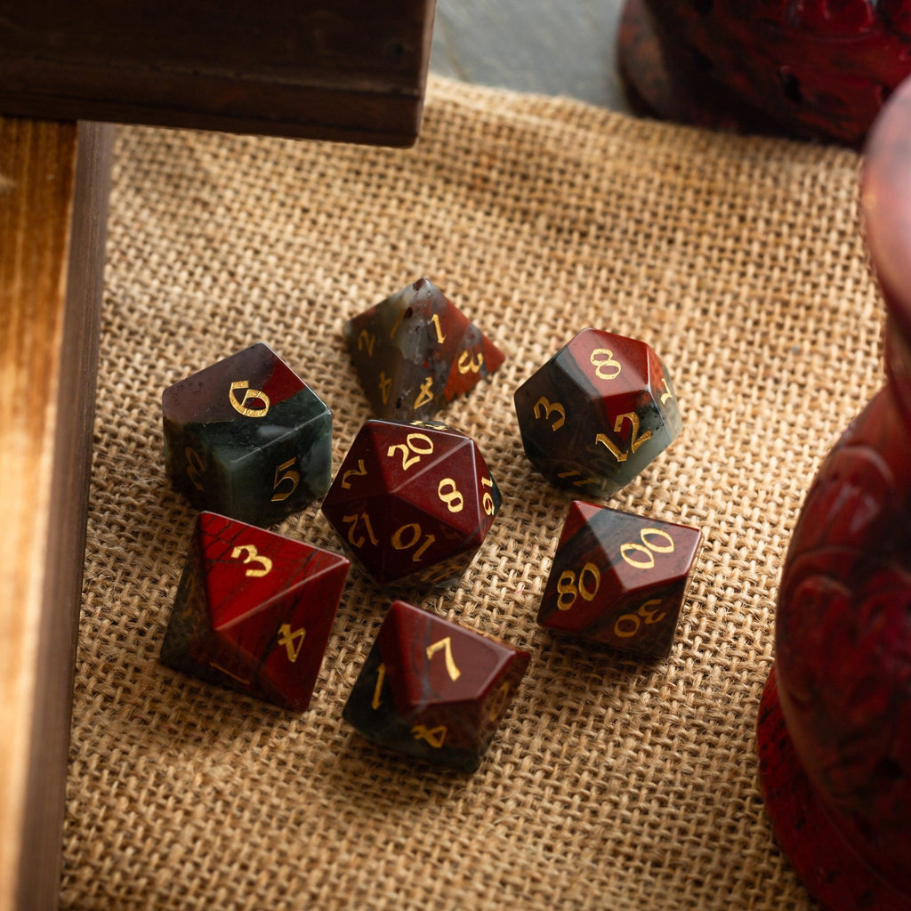 African Bloodstone Hand Carved Gemstone DND Dice Set | Gemstone Dice | Wiccan Center