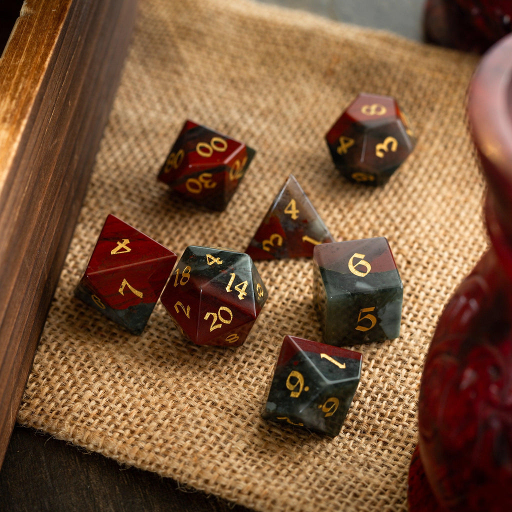 African Bloodstone Hand Carved Gemstone DND Dice Set | Gemstone Dice | Wiccan Center