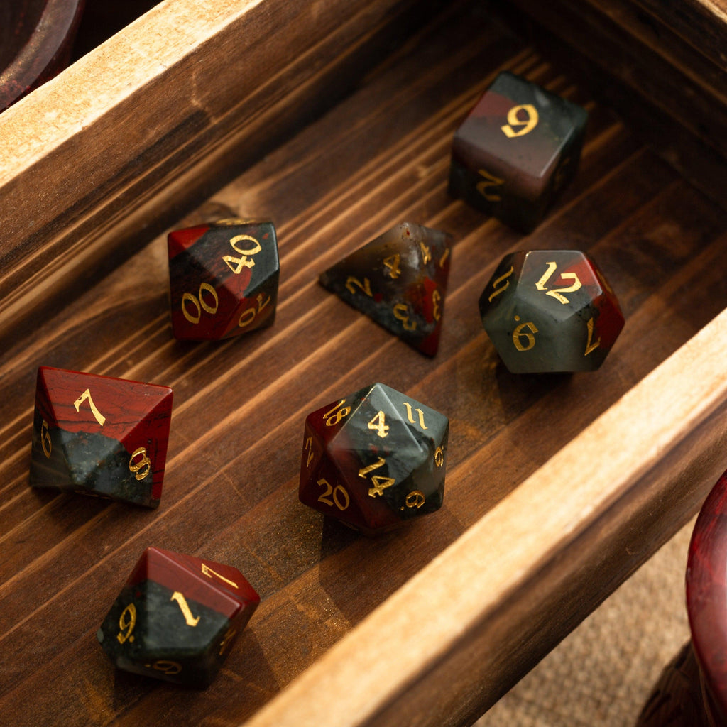 African Bloodstone Hand Carved Gemstone DND Dice Set | Gemstone Dice | Wiccan Center