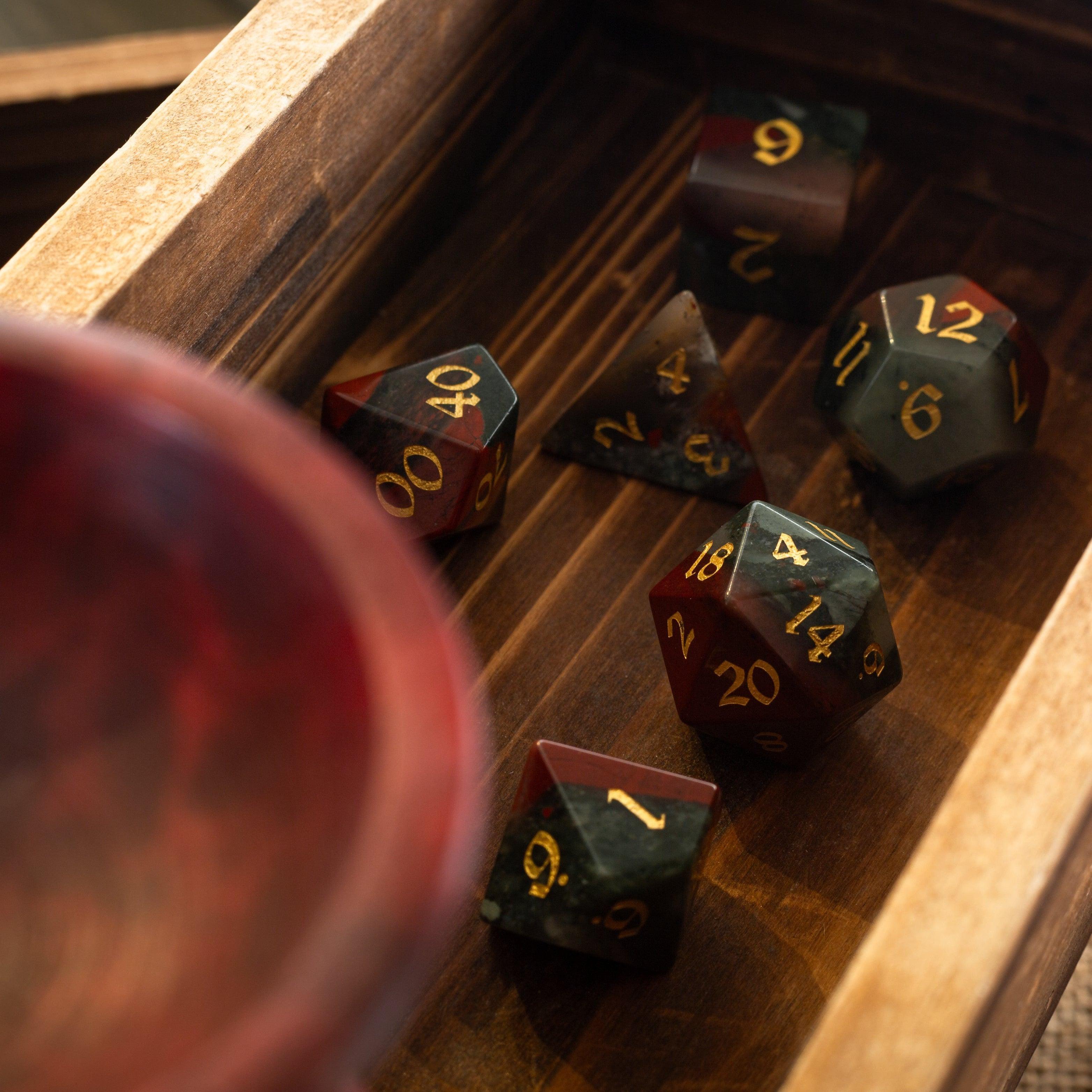 African Bloodstone Hand Carved Gemstone DND Dice Set | Gemstone Dice | Wiccan Center