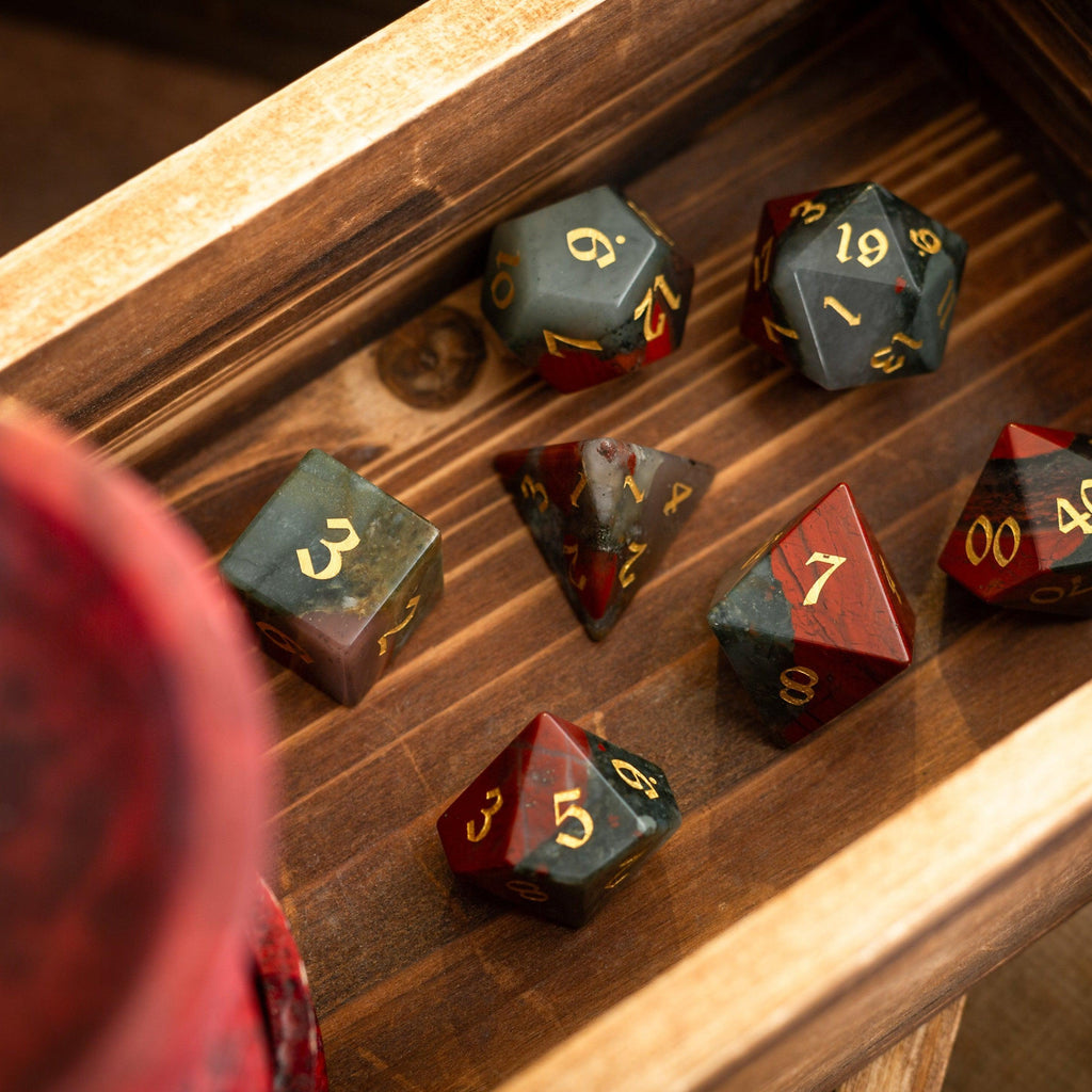 African Bloodstone Hand Carved Gemstone DND Dice Set | Gemstone Dice | Wiccan Center