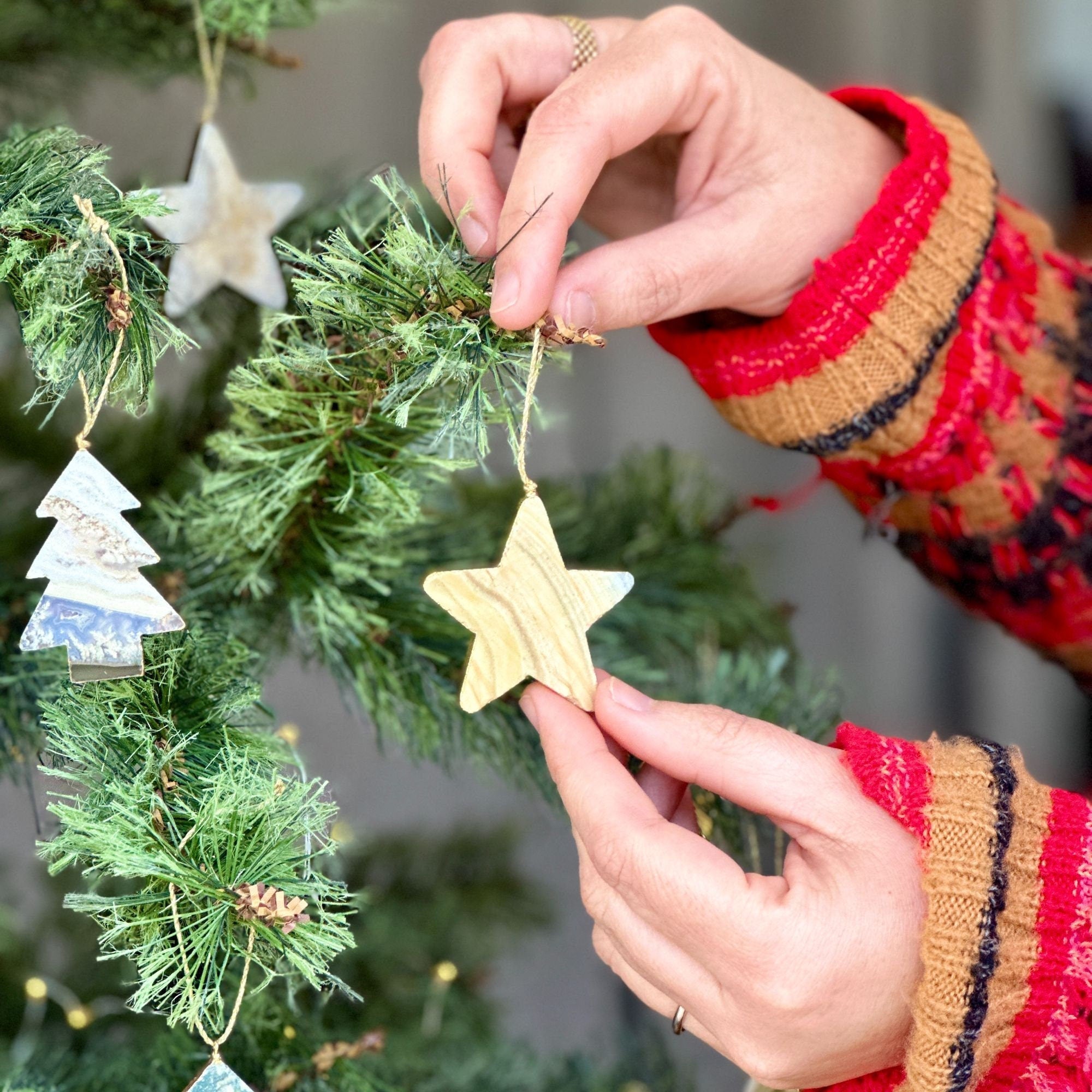 Agate & Jasper Crystal Christmas Tree Ornament (Set of 4 pieces), Handmade Christmas Star and Pine Tree Decor, Genuine Colorful Agate Stones | Agate Jasper Christmas Ornament | Wiccan Center