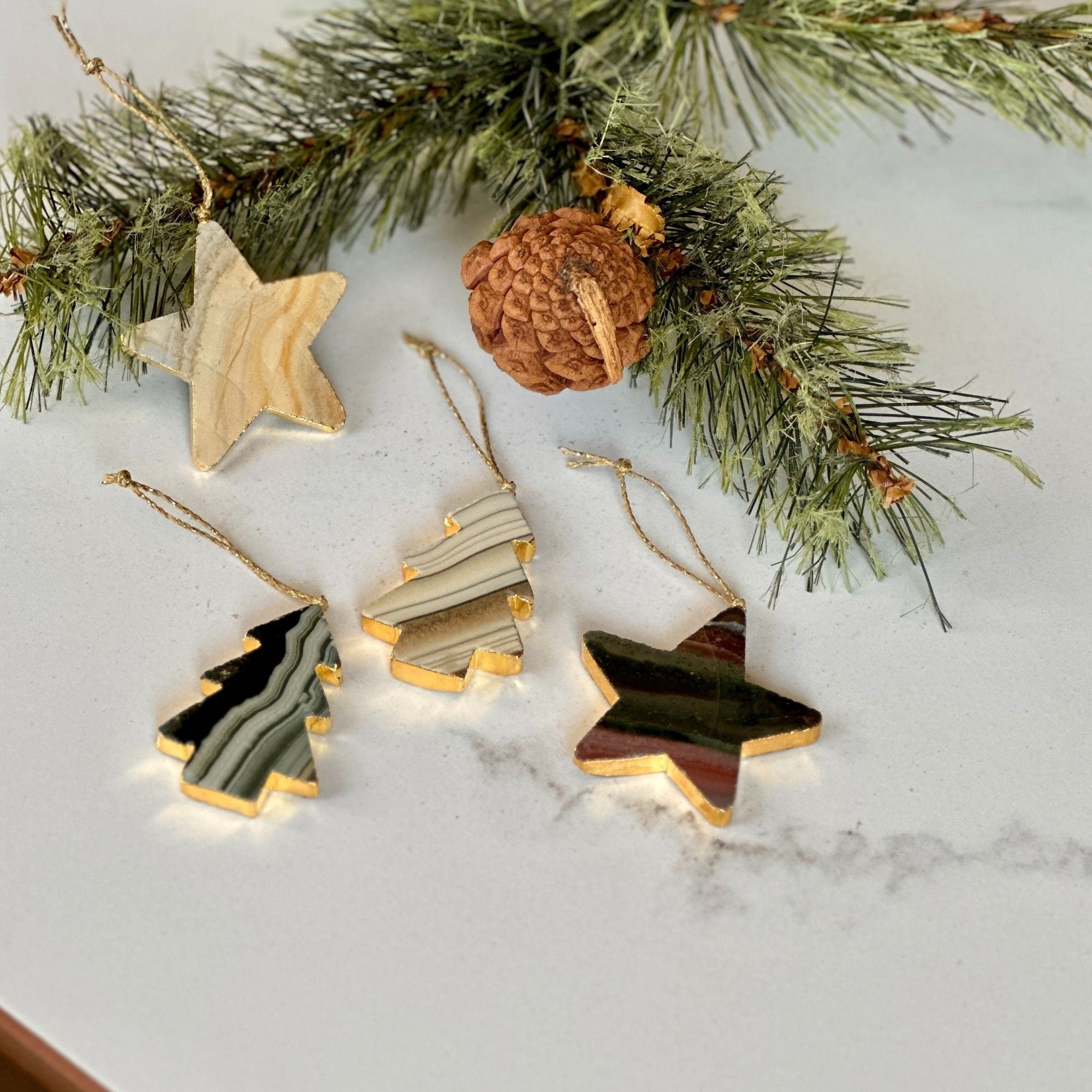 Agate & Jasper Crystal Christmas Tree Ornament (Set of 4 pieces), Handmade Christmas Star and Pine Tree Decor, Genuine Colorful Agate Stones | Agate Jasper Christmas Ornament | Wiccan Center