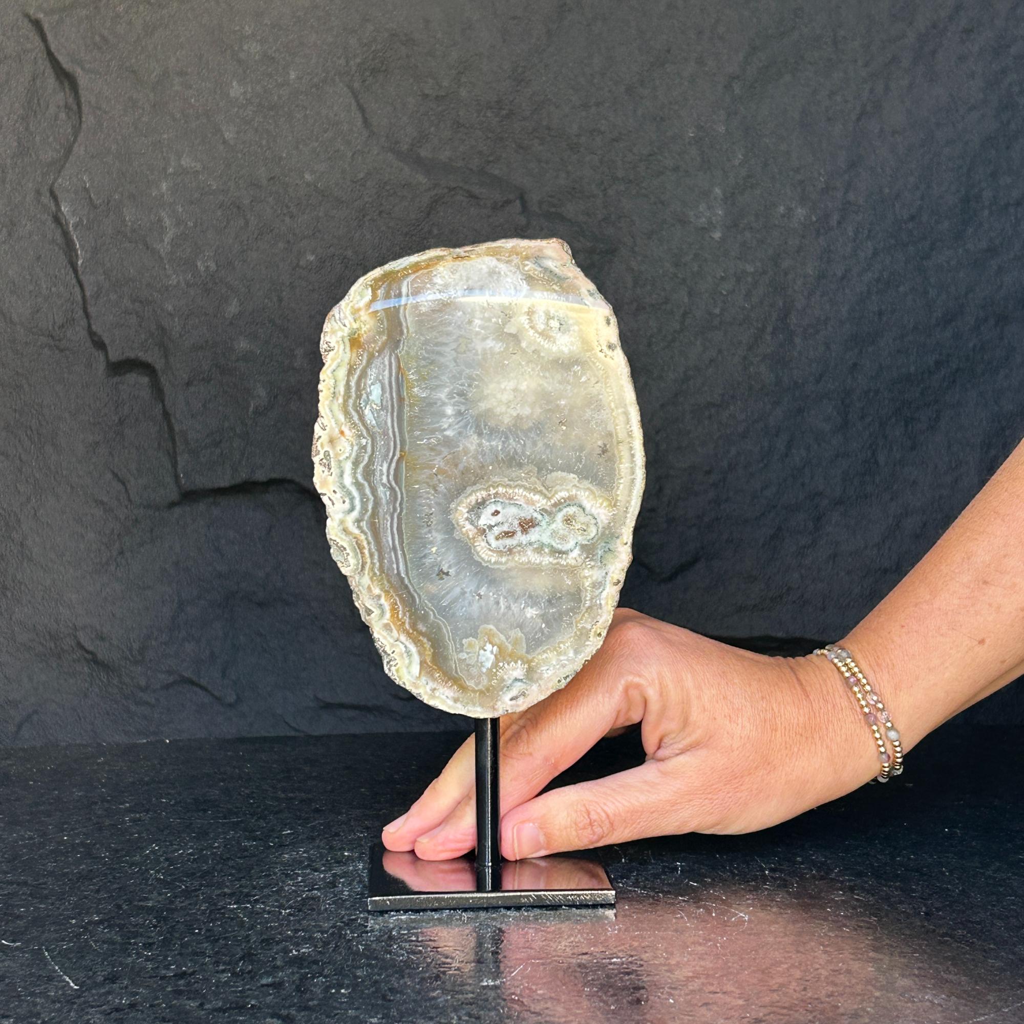 Agate and Jasper Slice with metallic base included, Large Brown Agate Geode, 100% Natural Colors | Stalactite Eye Display | Wiccan Center