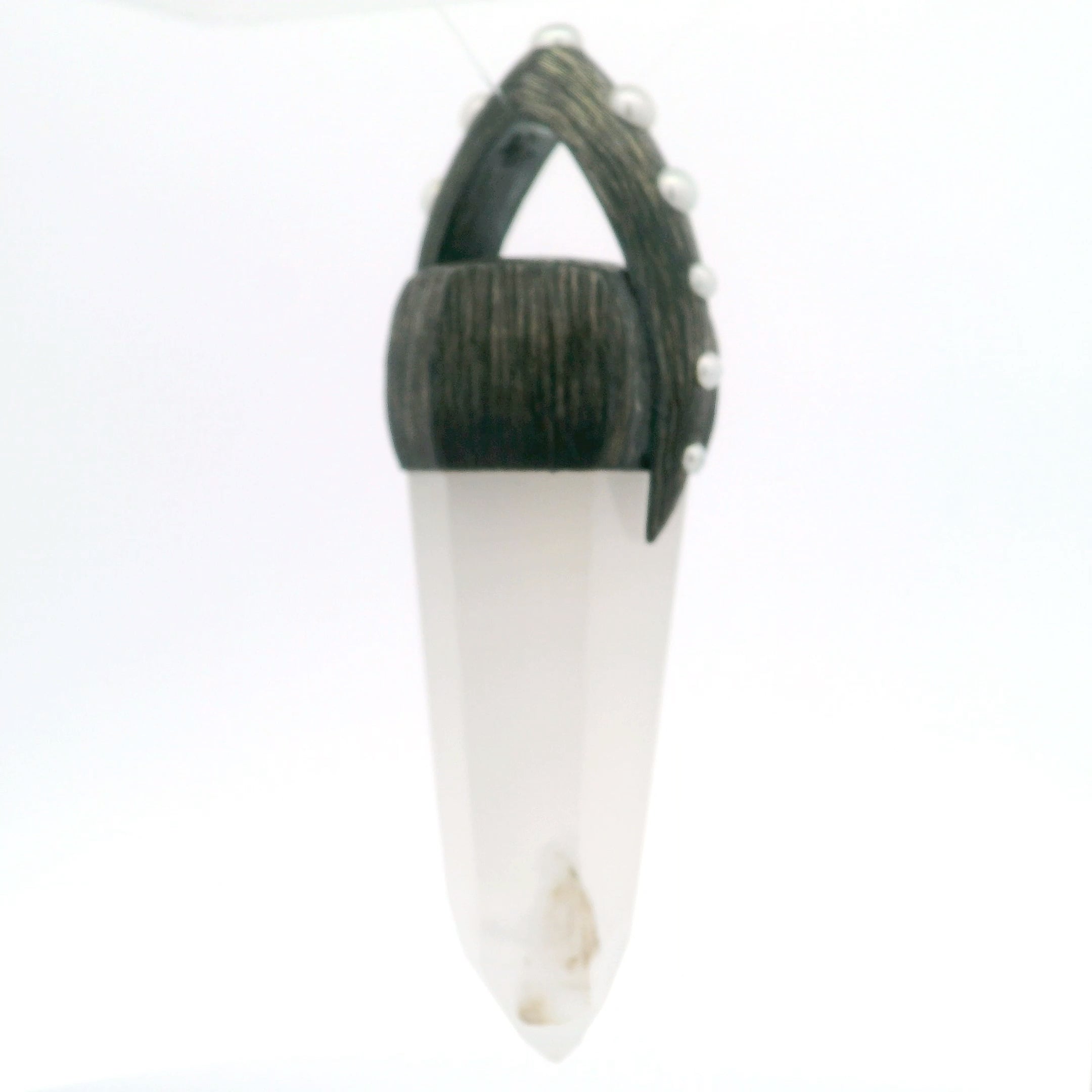 Milky Agate Point Pendant with Flower Inclusion Bezel Set in Oxidized 925 Sterling Silver Lantern Bail with Pearls | Gemstone Jewelry > Pendants | Wiccan Center