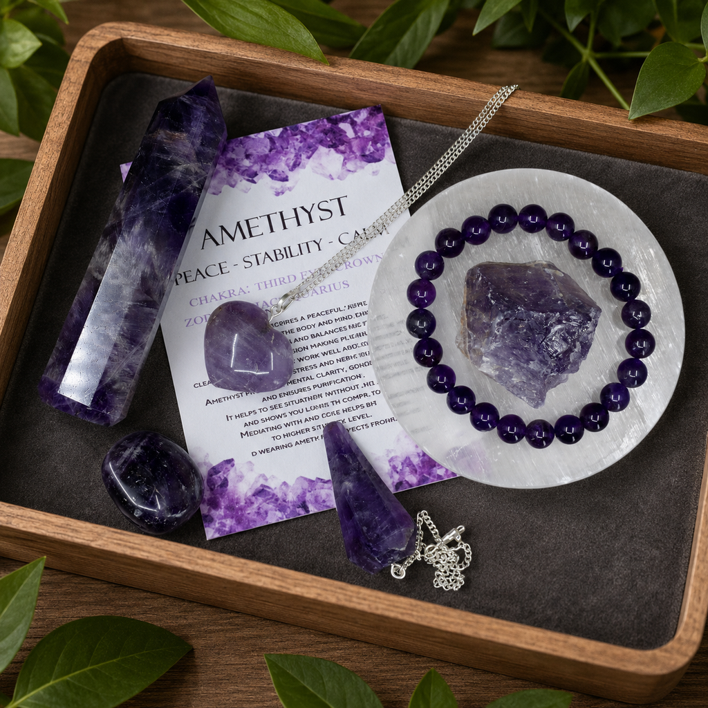 Amethyst Crystal Gift Set For Emotional Support and Protection, Real Polished Gemstones. | Merkaba & Platonic Solids | Wiccan Center