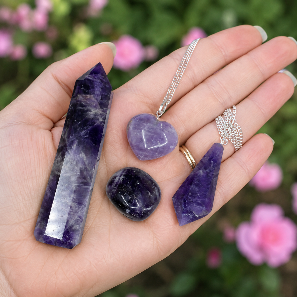 Amethyst Crystal Gift Set For Emotional Support and Protection, Real Polished Gemstones. | Merkaba & Platonic Solids | Wiccan Center