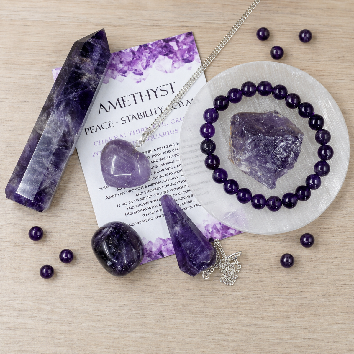 Amethyst Crystal Gift Set For Emotional Support and Protection, Real Polished Gemstones. | Merkaba & Platonic Solids | Wiccan Center
