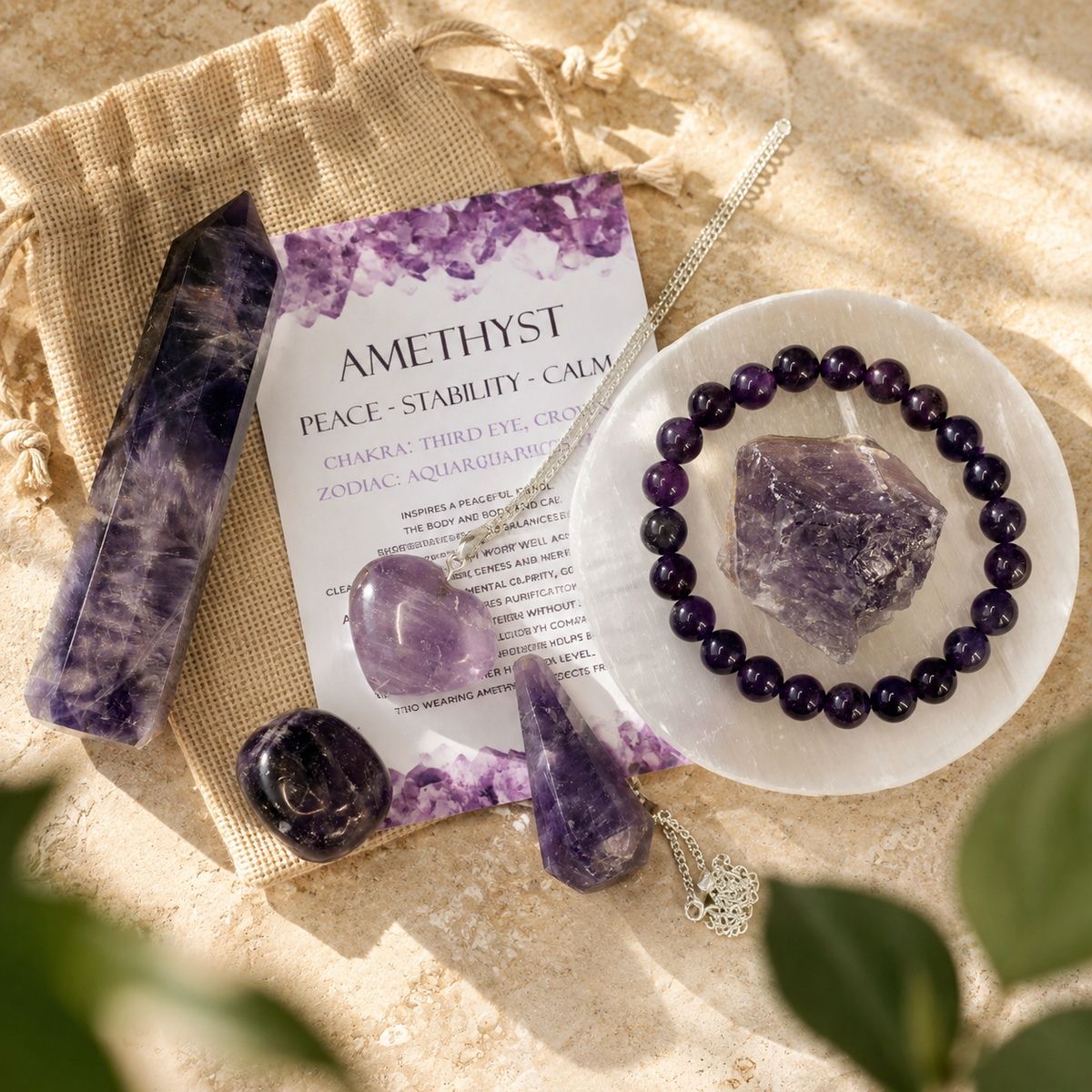 Amethyst Crystal Gift Set For Emotional Support and Protection, Real Polished Gemstones. | Merkaba & Platonic Solids | Wiccan Center