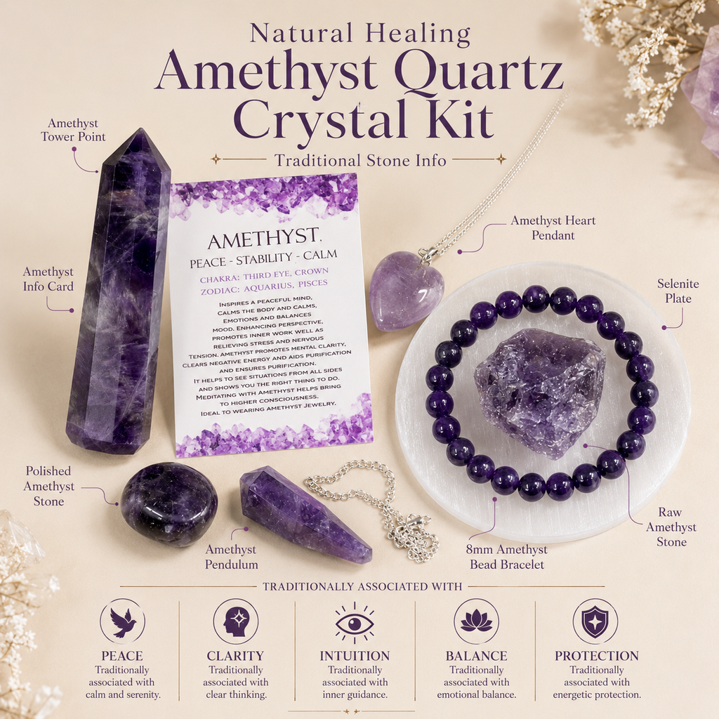 Amethyst Crystal Gift Set For Emotional Support and Protection, Real Polished Gemstones. | Merkaba & Platonic Solids | Wiccan Center