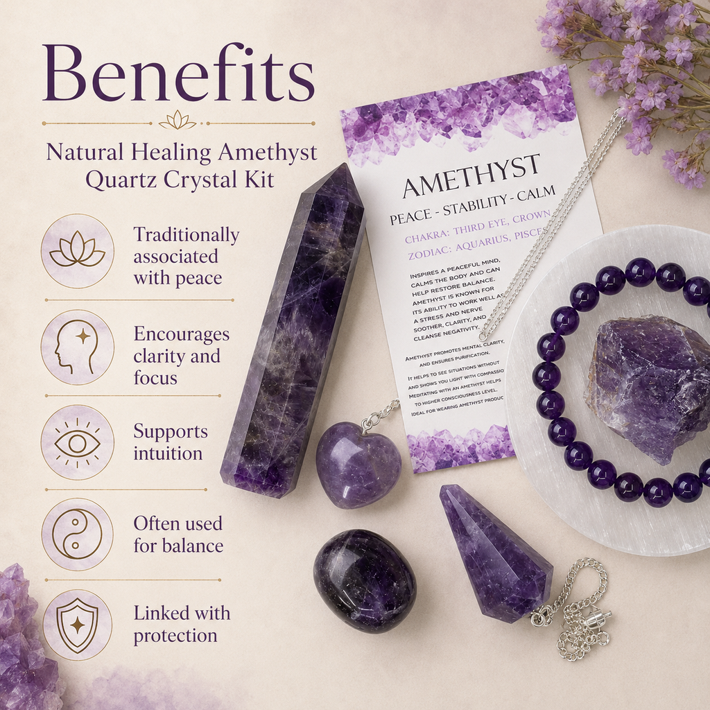 Amethyst Crystal Gift Set For Emotional Support and Protection, Real Polished Gemstones. | Merkaba & Platonic Solids | Wiccan Center