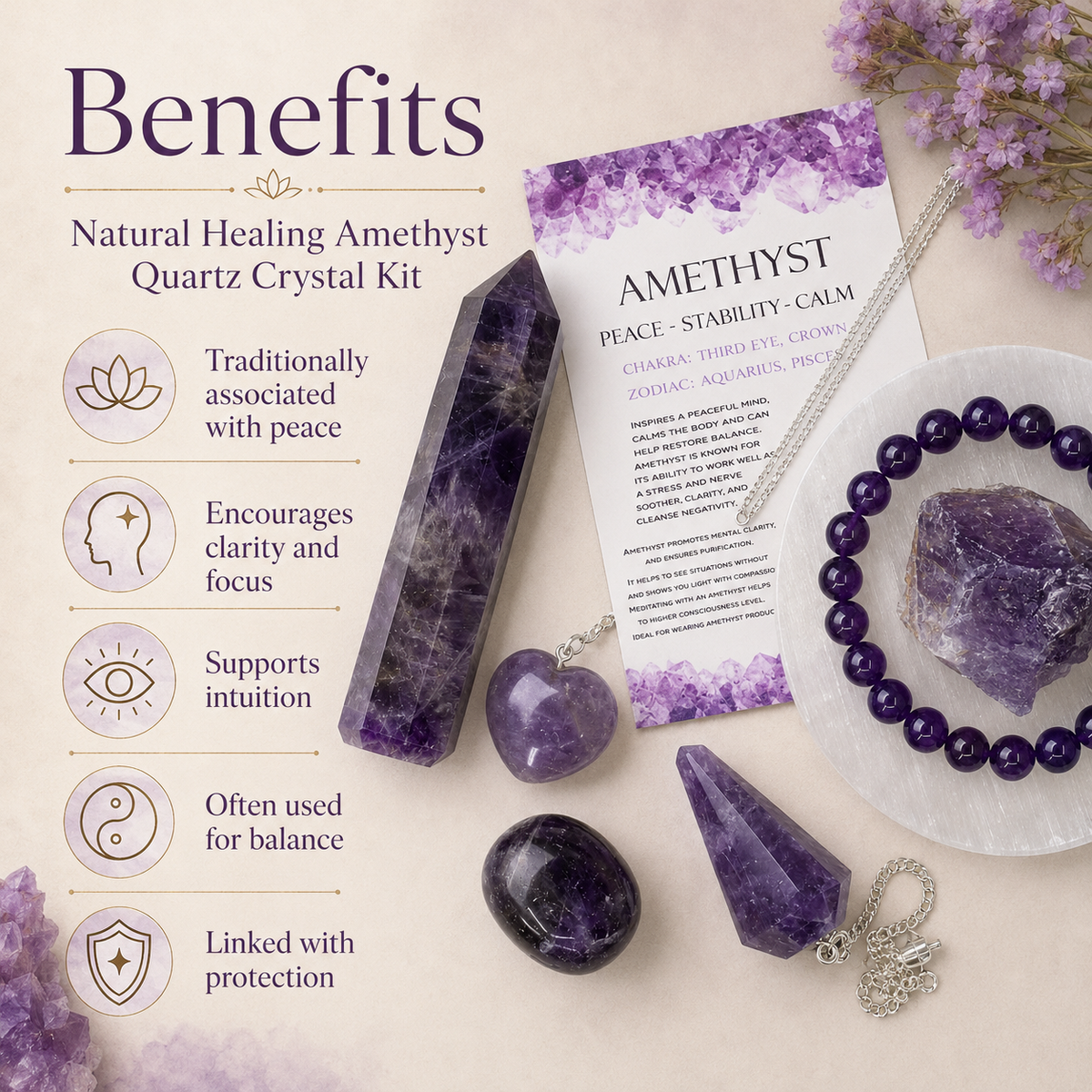 Amethyst Crystal Gift Set For Emotional Support and Protection, Real Polished Gemstones. | Merkaba & Platonic Solids | Wiccan Center
