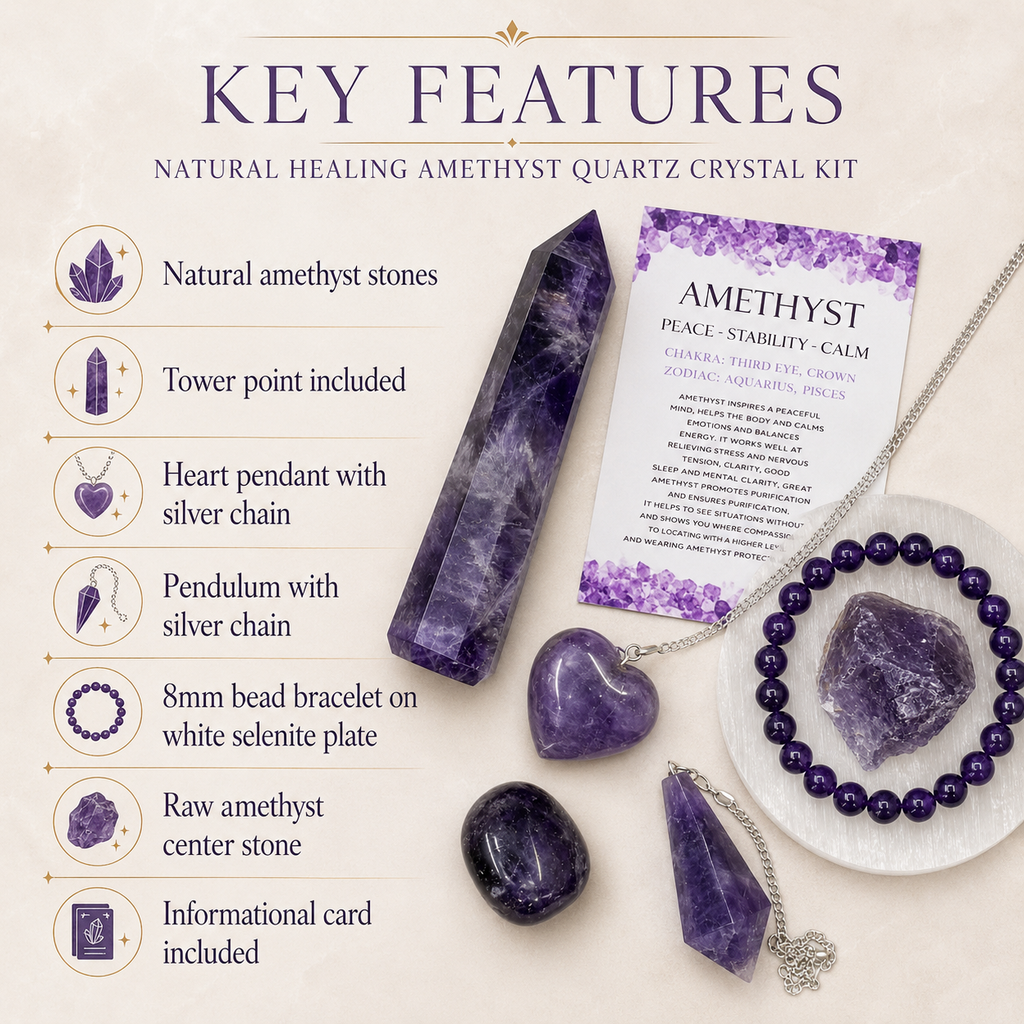 Amethyst Crystal Gift Set For Emotional Support and Protection, Real Polished Gemstones. | Merkaba & Platonic Solids | Wiccan Center