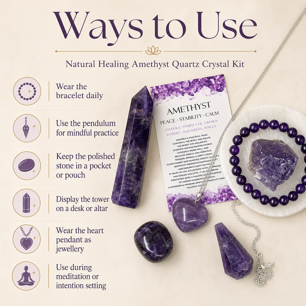 Amethyst Crystal Gift Set For Emotional Support and Protection, Real Polished Gemstones. | Merkaba & Platonic Solids | Wiccan Center