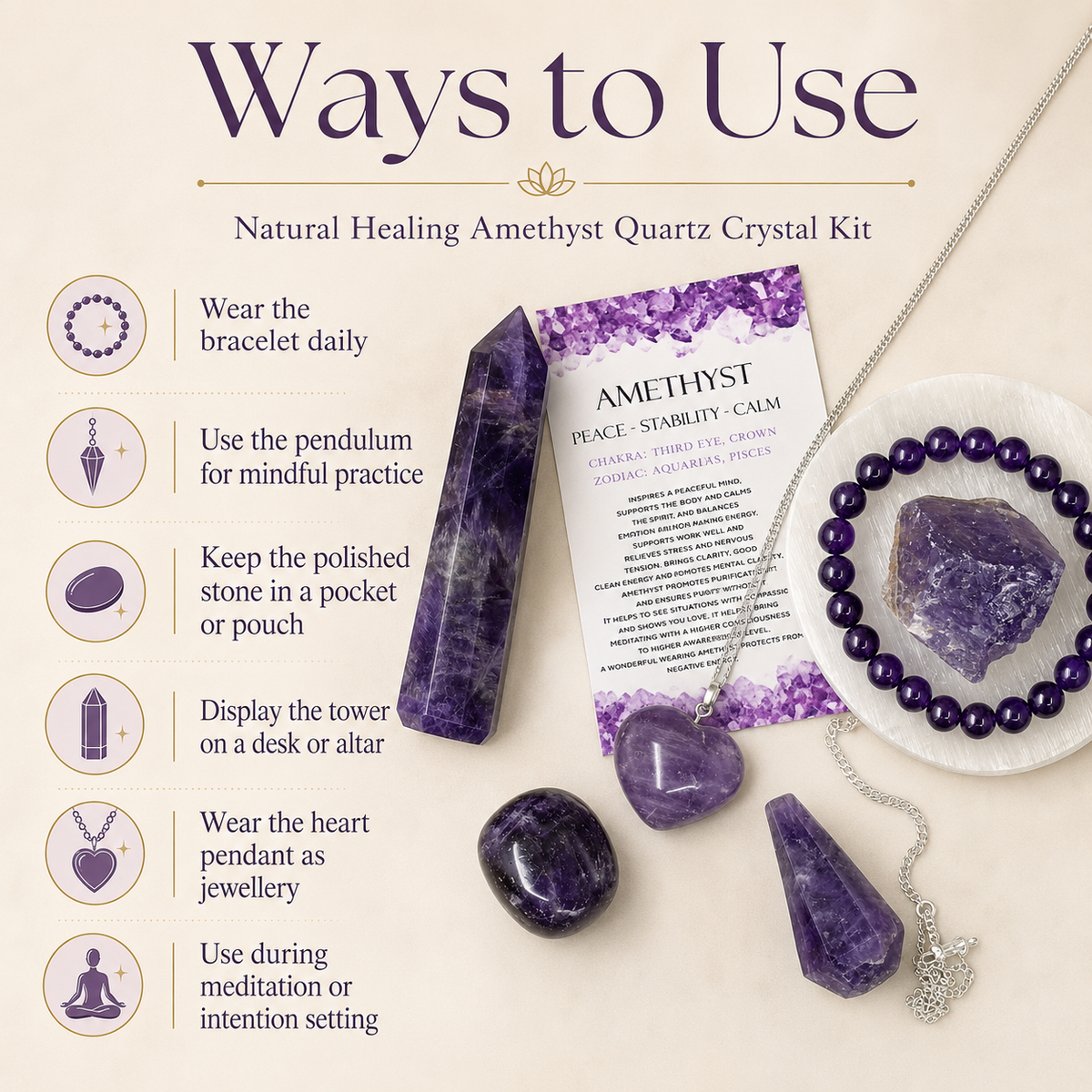 Amethyst Crystal Gift Set For Emotional Support and Protection, Real Polished Gemstones. | Merkaba & Platonic Solids | Wiccan Center