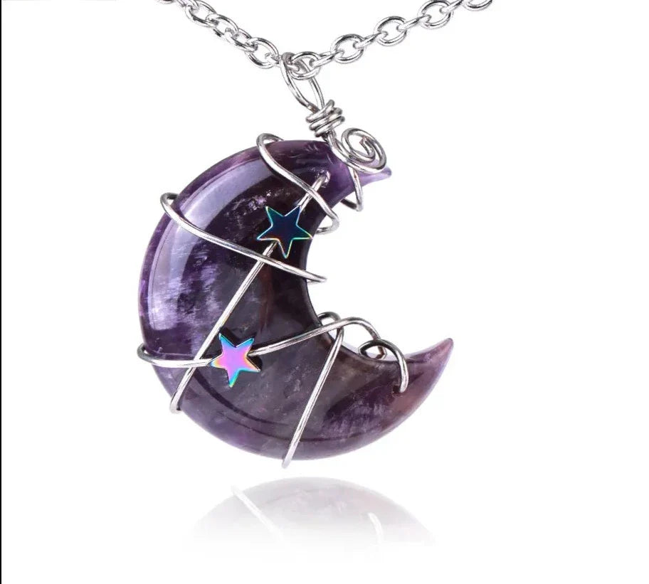 Crystal Crescent Moon and Star Silver Necklace | necklace | Wiccan Center