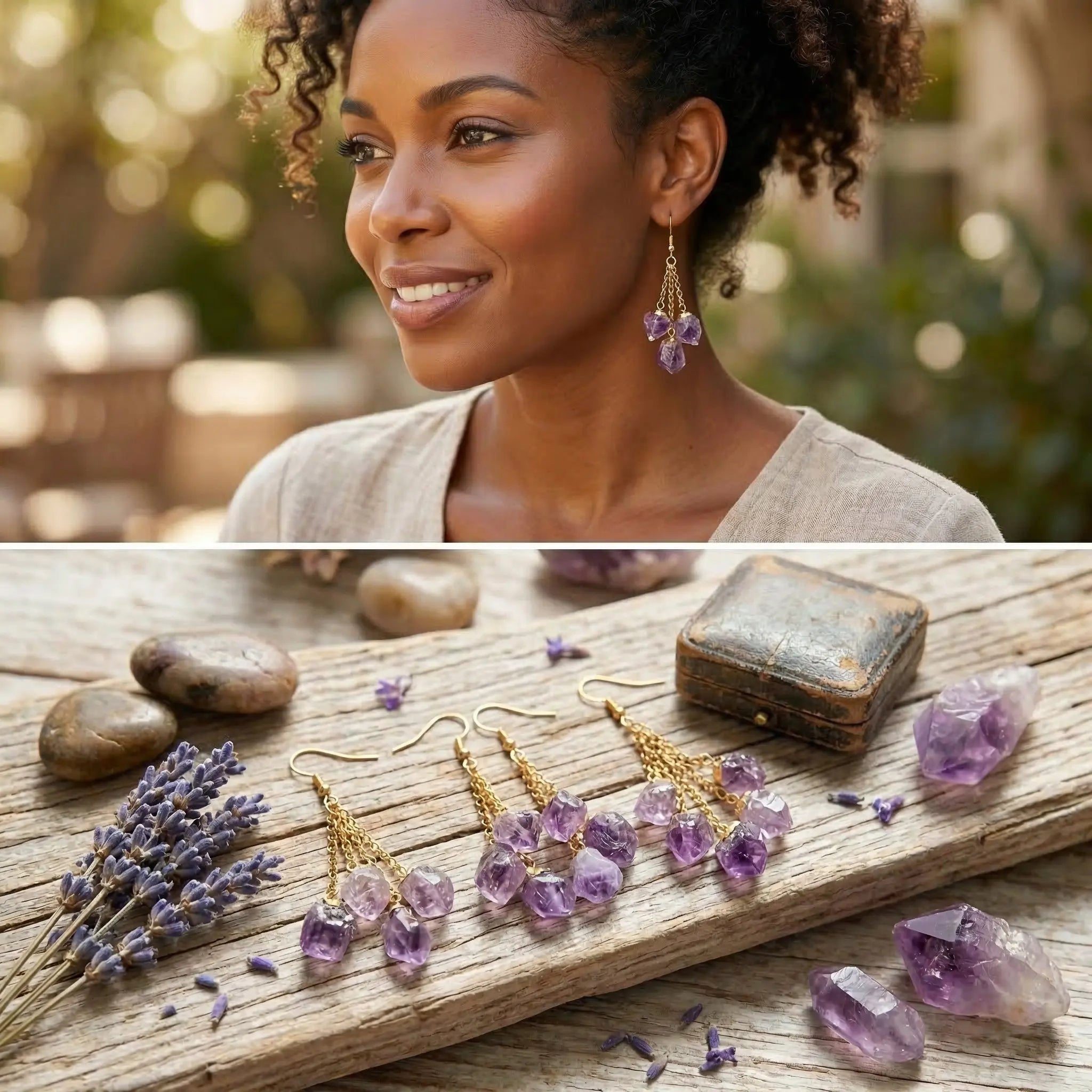Long Dangle Amethyst Triple Crystal Point Earrings Pair (Gold Plated) | Jewelry > Earrings > Dangle & Drop Earrings | Wiccan Center