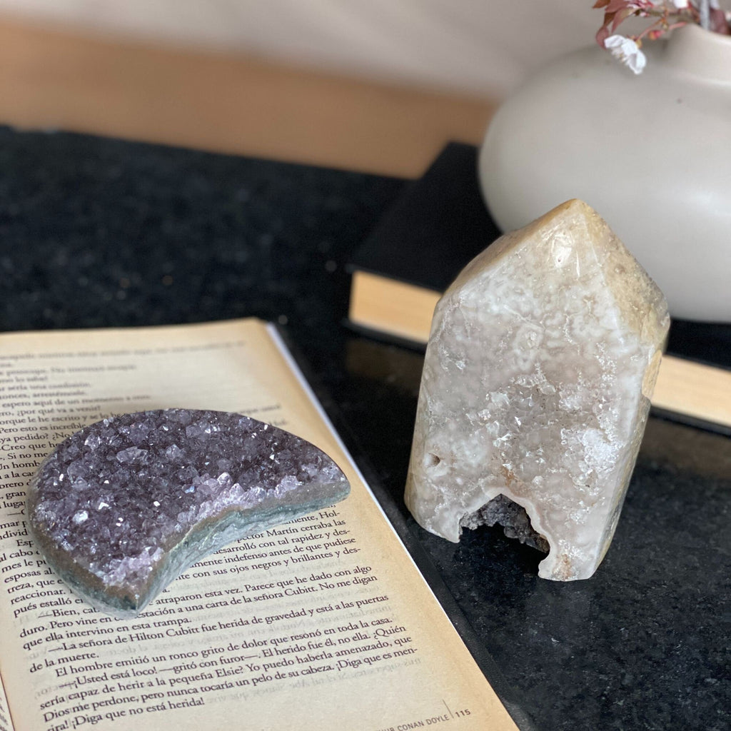 Amethyst moon cluster and Agate Crystal Tower, Large moon amethyst crystal, Crescent moon amethyst, Druzy moon, Amethyst crystal | Amethyst Geodes | Wiccan Center