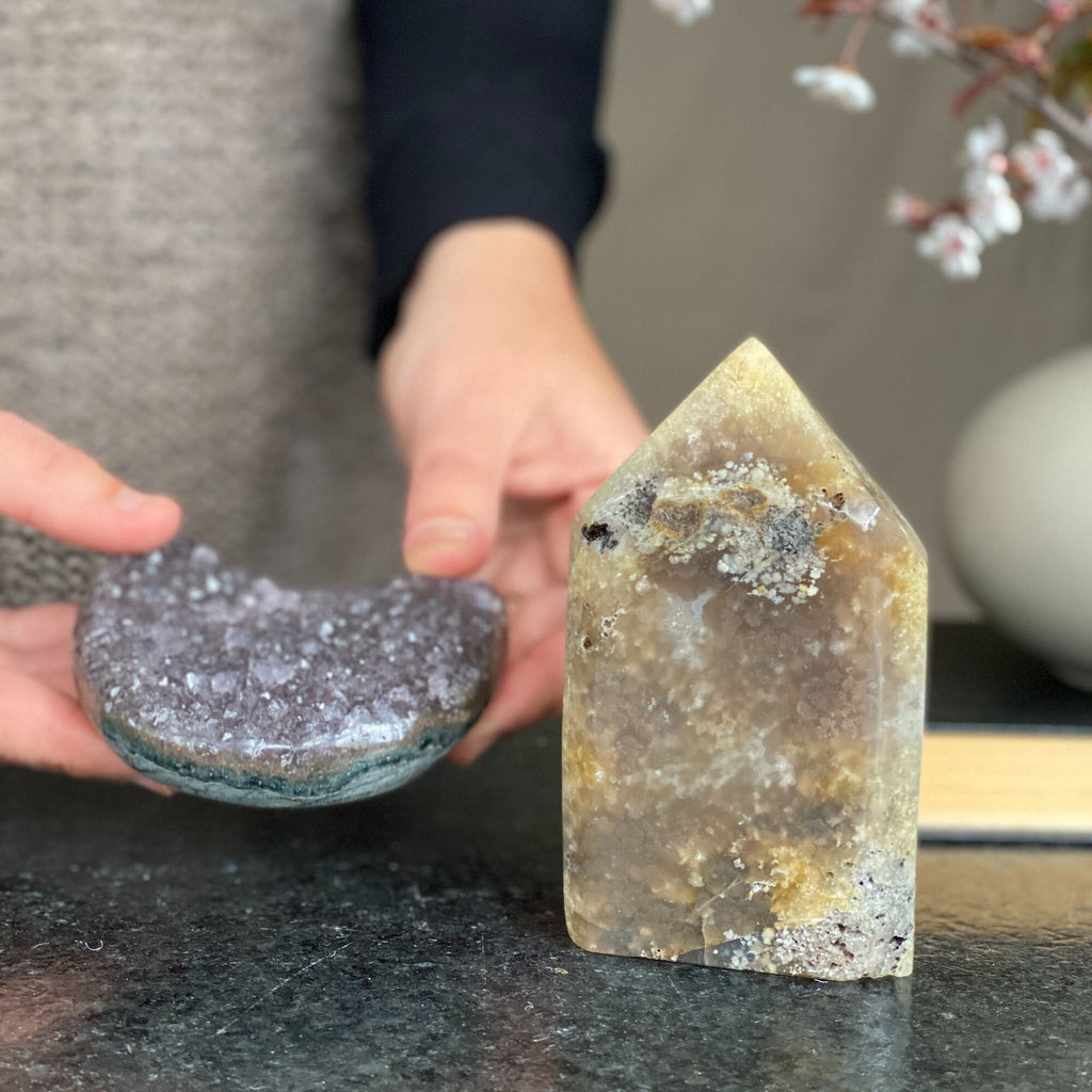 Amethyst moon cluster and Agate Crystal Tower, Large moon amethyst crystal, Crescent moon amethyst, Druzy moon, Amethyst crystal | Amethyst Geodes | Wiccan Center