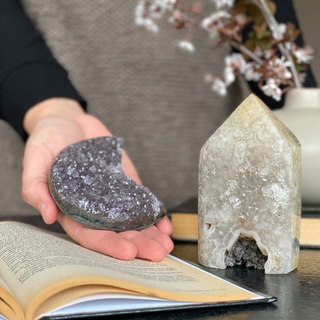Amethyst moon cluster and Agate Crystal Tower, Large moon amethyst crystal, Crescent moon amethyst, Druzy moon, Amethyst crystal | Amethyst Geodes | Wiccan Center