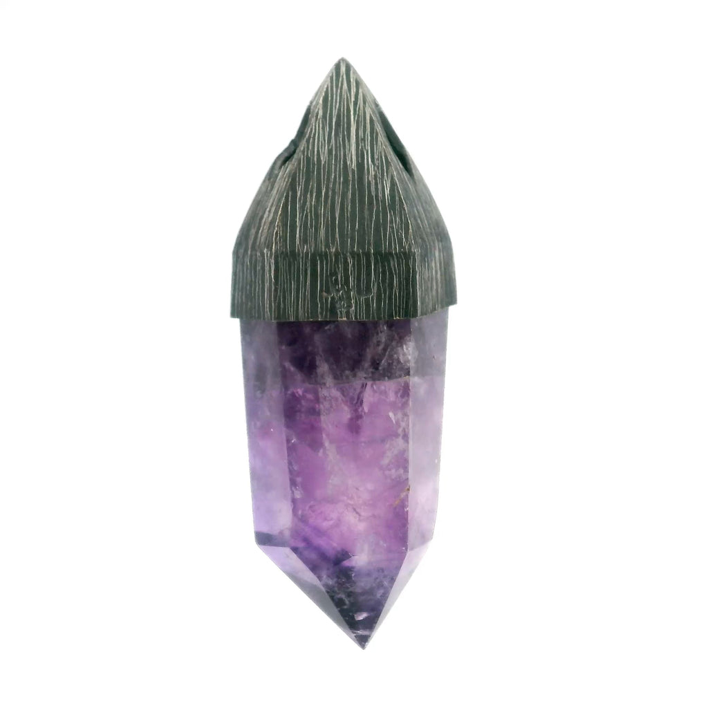 Polished Amethyst Point Pendant Bezel Set in Oxidized 925 Sterling Silver Pointed Bail with Diamond Cut-Out - Crystal Home | Gemstone Jewelry > Pendants | Wiccan Center